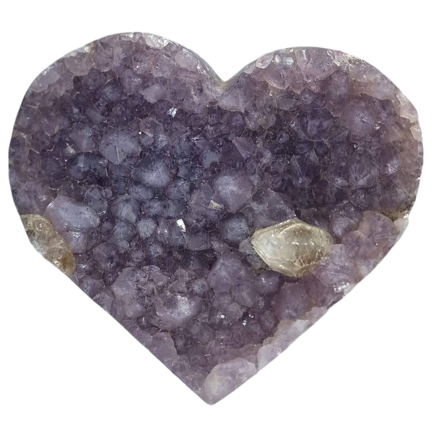 Amethyst Heart with UV Reactive Calcite Points – a stunning purple crystal heart adorned with lavender Calcite points that glow under UV light, creating a magical and serene atmosphere.