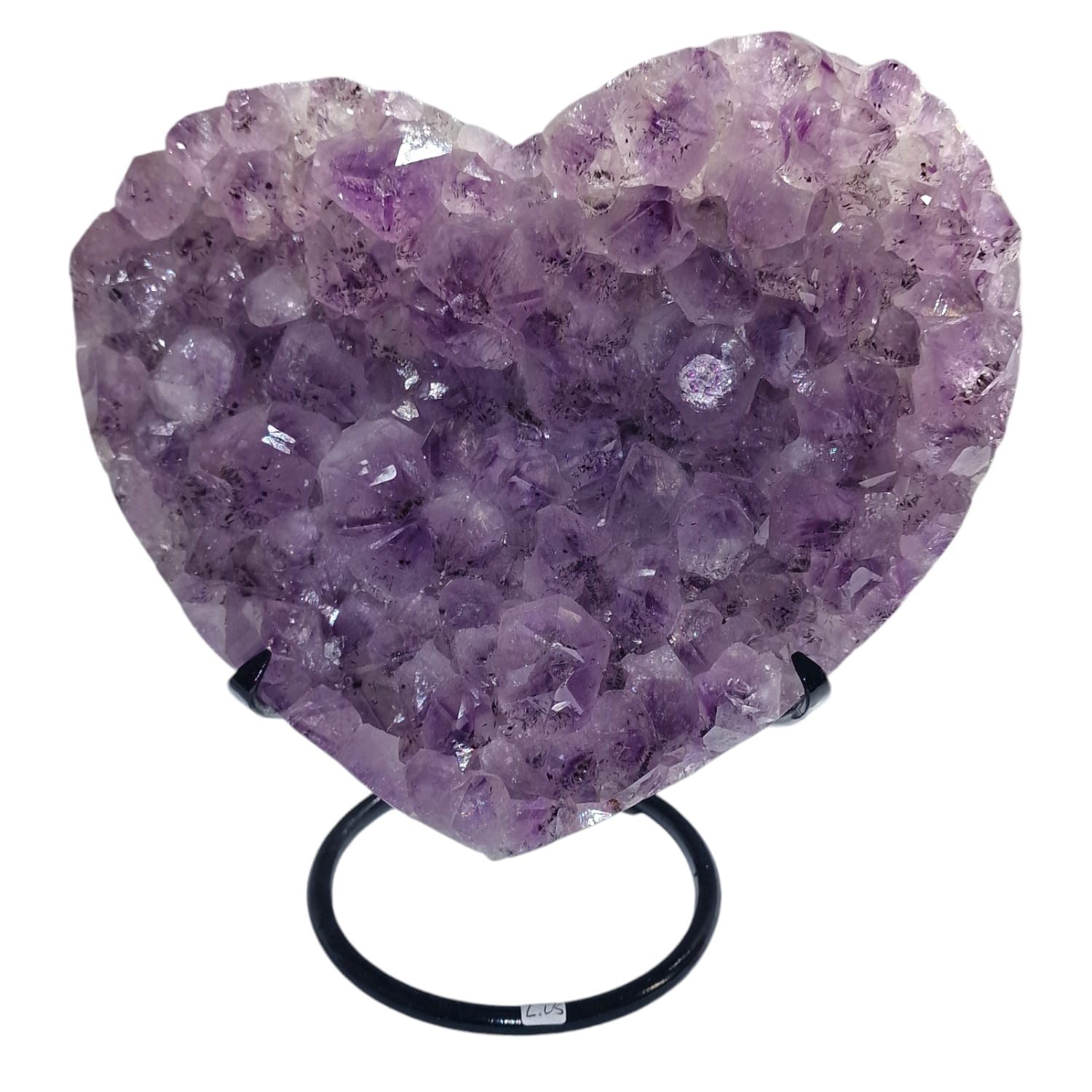 GeoFossils large 9kg Amethyst Heart displayed on a sleek metal stand. The heart features deep purple crystalline formations, showcasing Amethyst's natural beauty and calming properties. This striking piece serves as a stunning statement for home décor or spiritual spaces, embodying peace and protection.