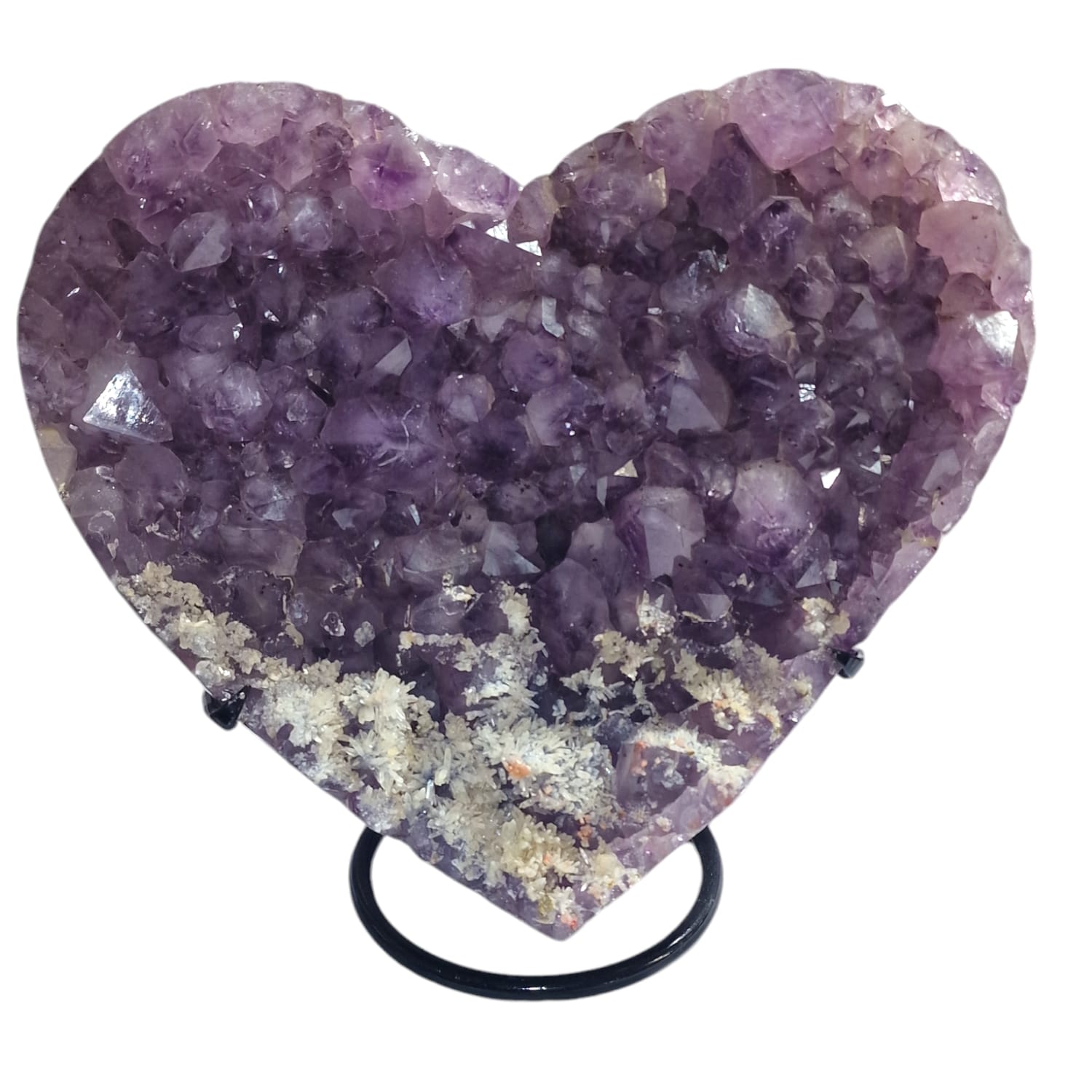 GeoFossils 11kg Amethyst Heart on a Metal Stand – a stunning purple crystal heart radiating calming energy and beauty, perfect for home or office decor.