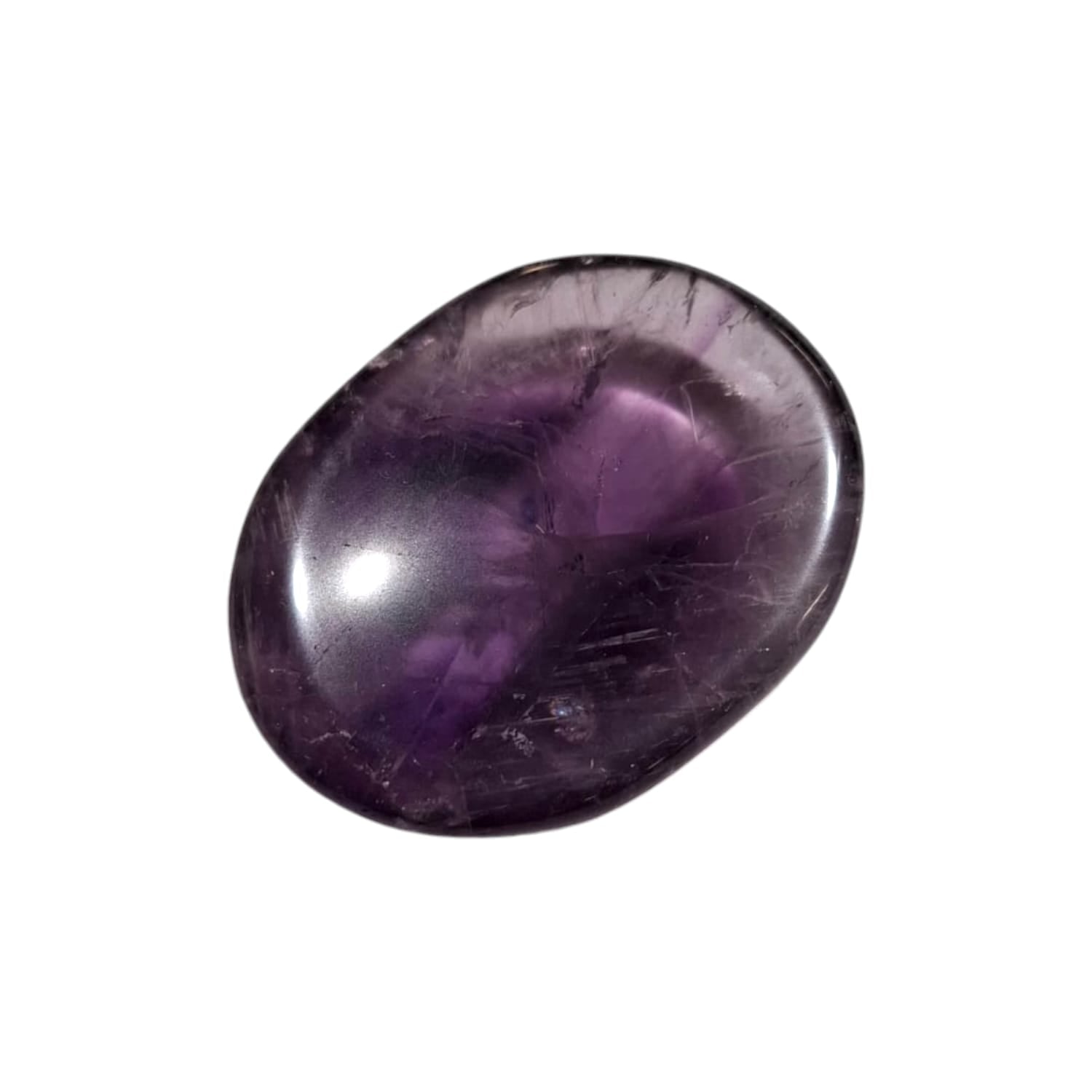 Amethyst Worry Stone by GeoFossils – smooth, oval-shaped stone with a rich purple hue, perfect for calming, spiritual connection, and enhancing the Third Eye and Crown Chakras, linked to the Air and Water elements.