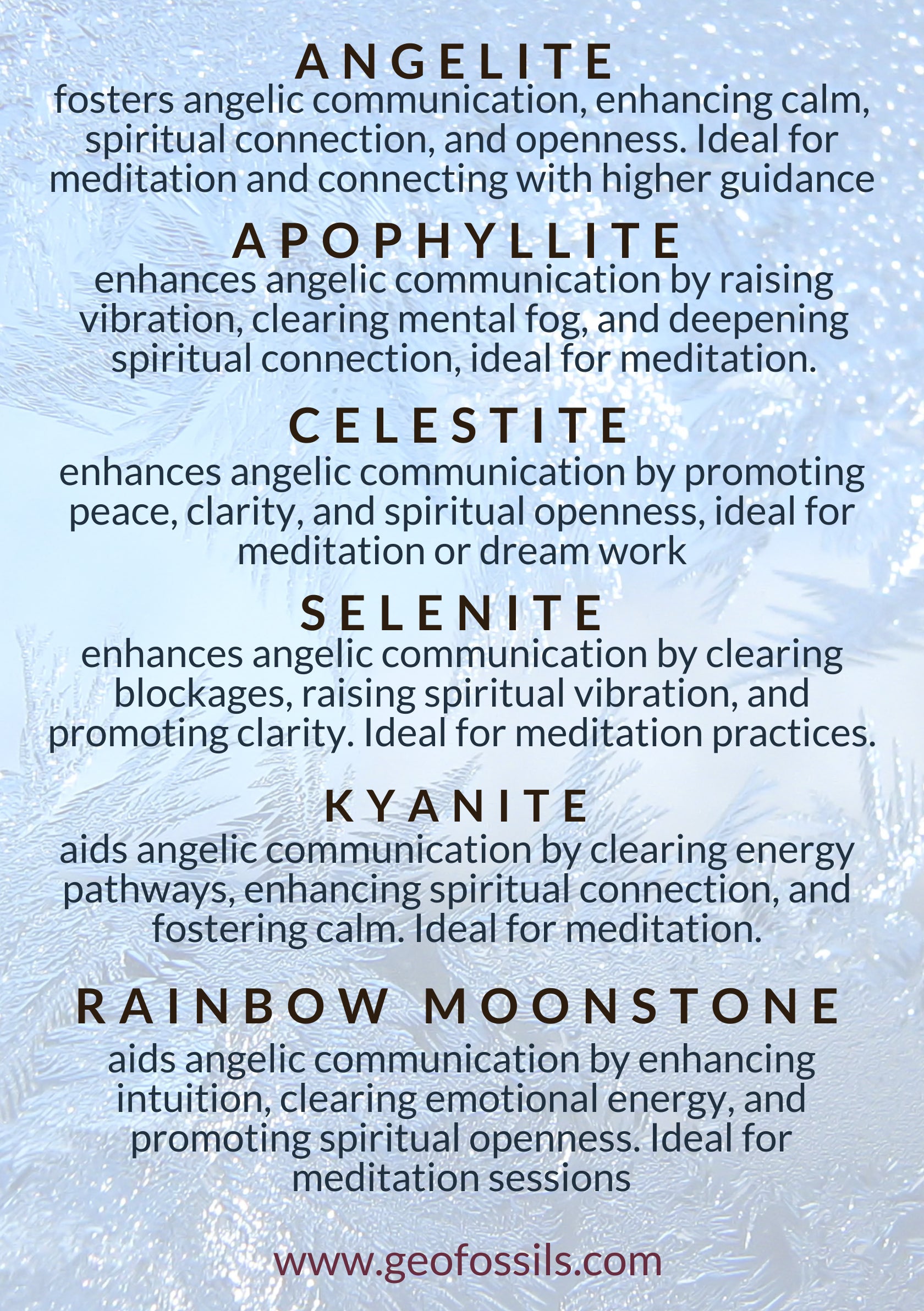 Angelic Communication Crystal Healing Set with Angelite, Apophyllite, Celestite, Selenite, Kyanite, Rainbow Moonstone, and Selenite bowl