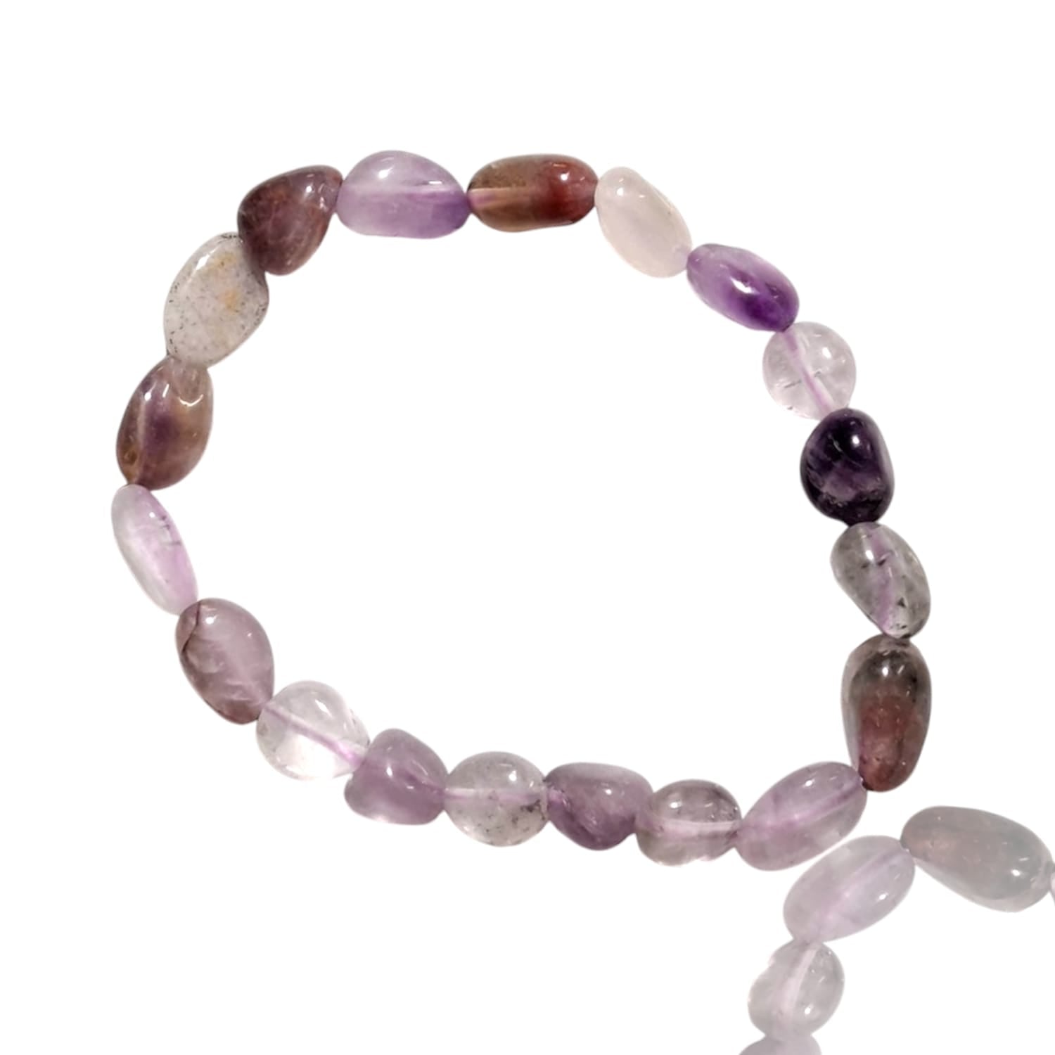 GeoFossils stretch nugget bracelet crafted from Auralite 23 stones, displaying a unique mix of deep purple, reddish-brown, and smoky grey hues. The stones are irregularly shaped and polished, showcasing their natural patterns and multi-mineral composition. The elastic design ensures a comfortable, adjustable fit, while the rich, layered colors of Auralite 23 create a mystical and grounding aesthetic.