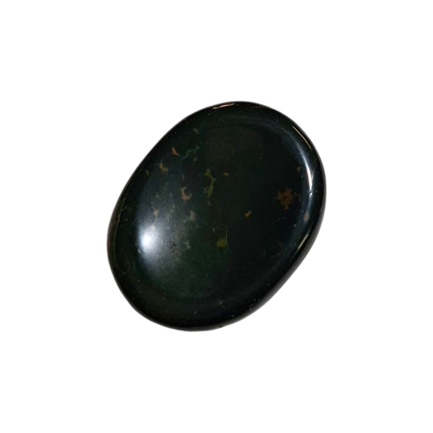 Bloodstone Worry Stone by GeoFossils – smooth, oval-shaped stone with a dark green base and red flecks, ideal for grounding, protection, and energising the Root and Heart Chakras, associated with the Earth element.