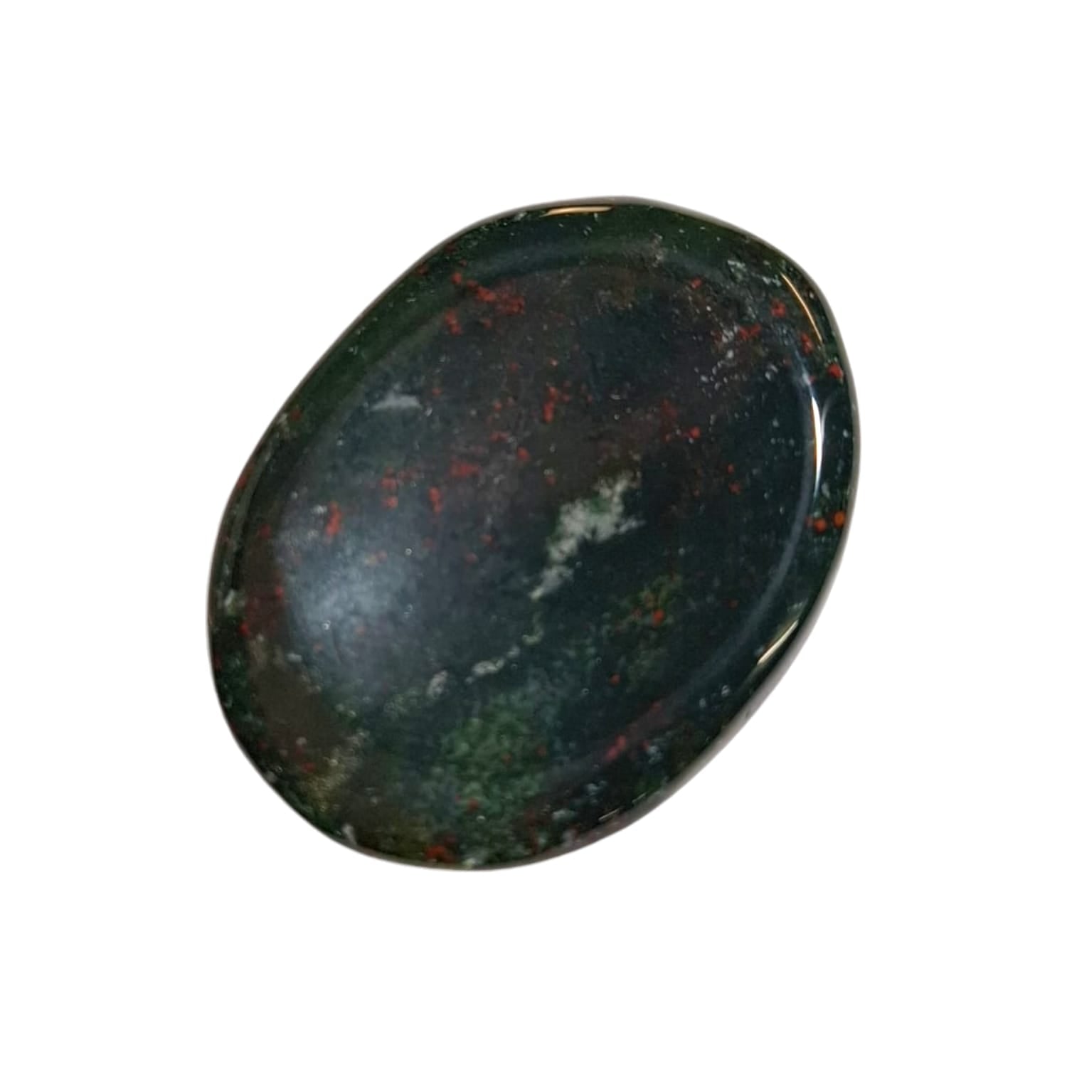 Bloodstone Worry Stone by GeoFossils – smooth, oval-shaped stone with a dark green base and red flecks, ideal for grounding, protection, and energising the Root and Heart Chakras, associated with the Earth element.