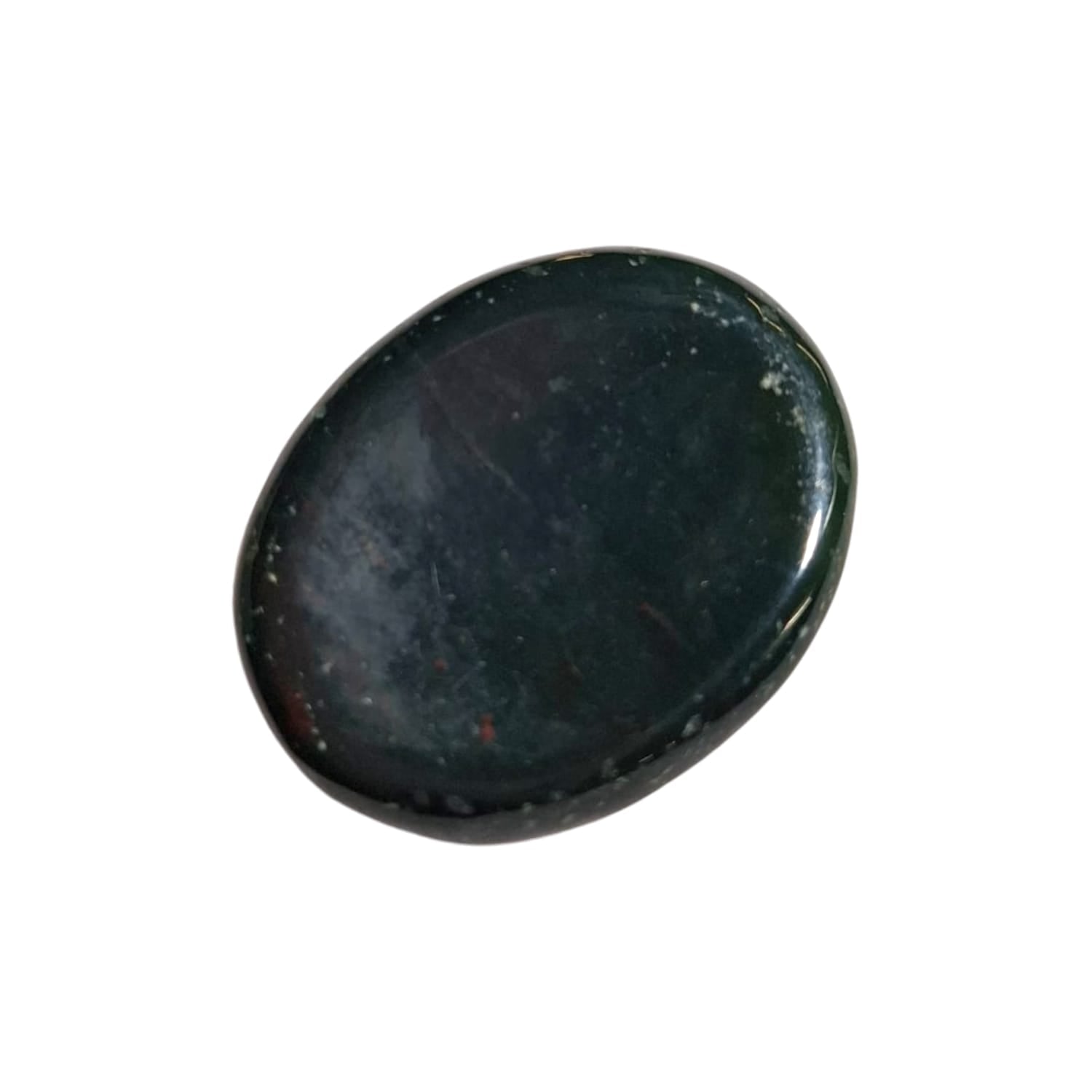 Bloodstone Worry Stone by GeoFossils – smooth, oval-shaped stone with a dark green base and red flecks, ideal for grounding, protection, and energising the Root and Heart Chakras, associated with the Earth element.