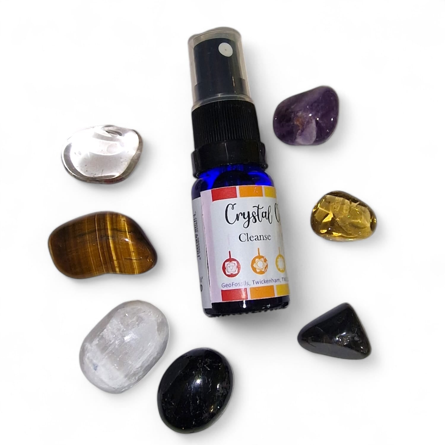 GeoFossils Car Protect Crystal Set with amethyst Purple, Gold Tigers Eye, Crystal clear Quartz, Natural citrine, Black tourmaline, White Selenite, Glass Blue Bottle Crystal Cleansing Spray