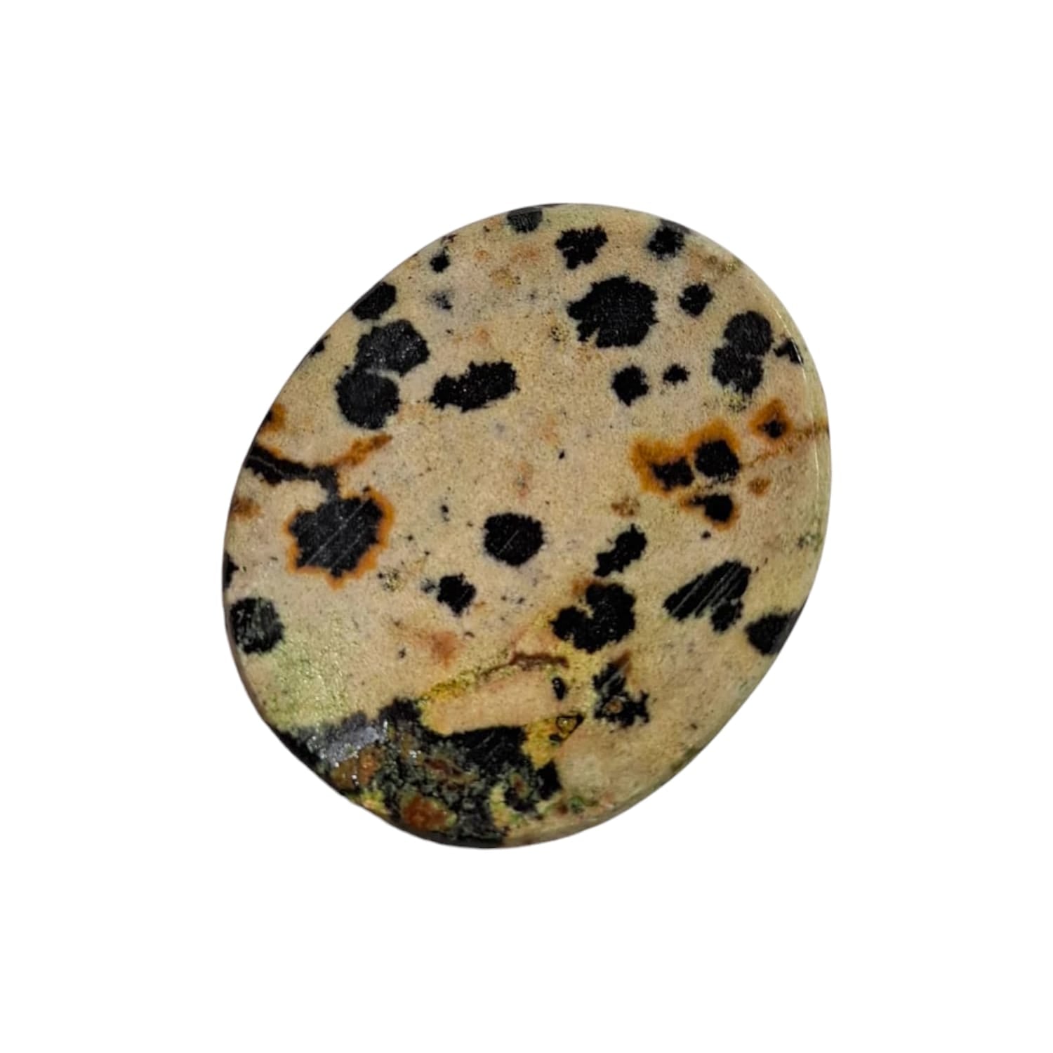 Dalmatian Jasper Worry Stone by GeoFossils – smooth, oval-shaped beige stone with black speckles, perfect for grounding, protection, and energising the Root and Sacral Chakras, associated with the Earth element.