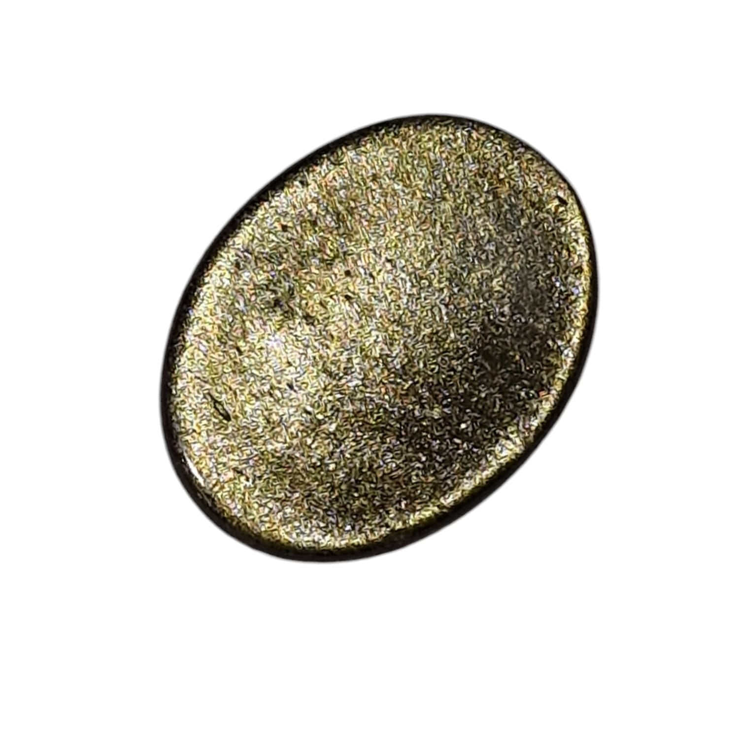 Gold Sheen Obsidian Worry Stone by GeoFossils – smooth, oval stone with a shimmering golden sheen, perfect for grounding, protection, and connecting with the Root and Solar Plexus Chakras, associated with the Earth element.