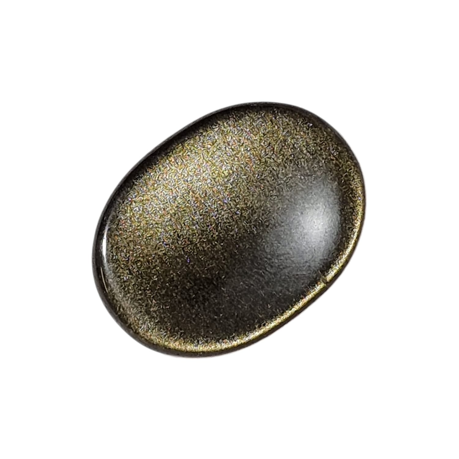 Gold Sheen Obsidian Worry Stone by GeoFossils – smooth, oval stone with a shimmering golden sheen, perfect for grounding, protection, and connecting with the Root and Solar Plexus Chakras, associated with the Earth element.