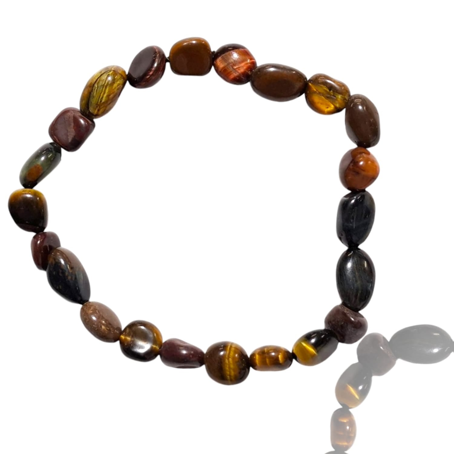 GeoFossils stretch nugget bracelet made from multi-colored tiger's eye stones, showcasing a combination of golden-yellow, deep red, and rich blue hues with a distinctive chatoyant (shimmering) effect. The stones are irregularly shaped and polished, reflecting their natural layers and bands of color. The elastic band provides a comfortable, adjustable fit, and the blend of warm and cool tones in the tiger's eye stones evokes a balanced, grounding energy with a striking, dynamic appearance.