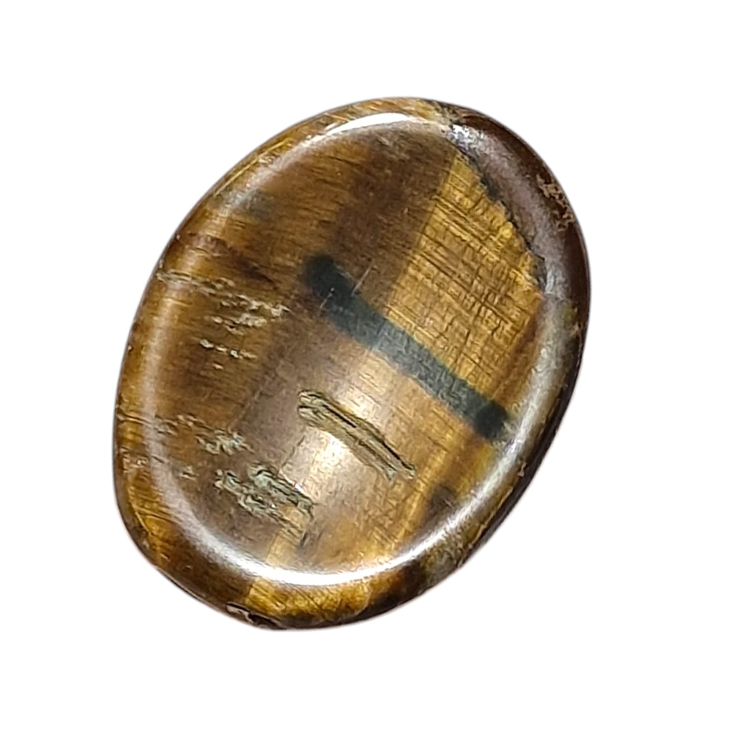 Gold Tiger’s Eye Worry Stone by GeoFossils – smooth, oval stone with a golden-brown sheen, perfect for grounding, confidence, and connecting with the Solar Plexus and Root Chakras, associated with the Earth and Fire elements.