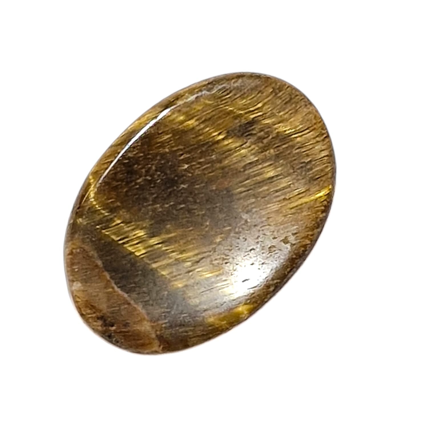 Gold Tiger’s Eye Worry Stone by GeoFossils – smooth, oval stone with a golden-brown sheen, perfect for grounding, confidence, and connecting with the Solar Plexus and Root Chakras, associated with the Earth and Fire elements.