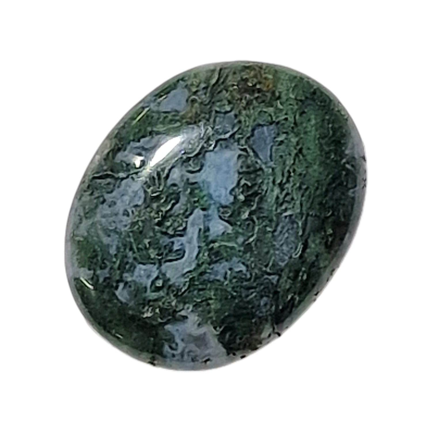 Green Moss Agate Medium Oval – a smooth, green crystal with moss-like inclusions, known for grounding, nurturing growth, and enhancing emotional balance. Ideal for connecting with nature and inner peace.