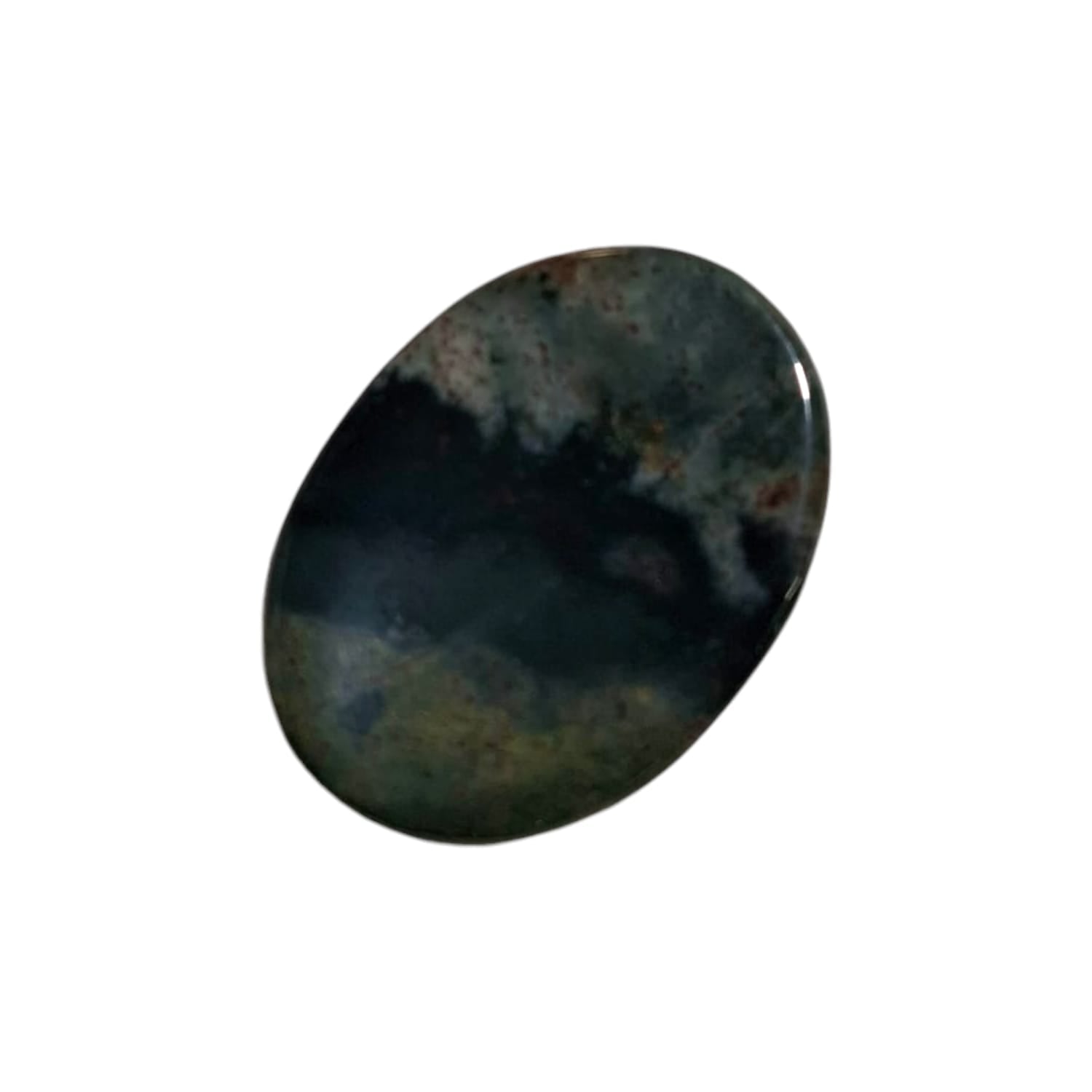 Green Moss Agate Worry Stone by GeoFossils – smooth, oval green stone with earthy inclusions, perfect for grounding, emotional balance, and connecting with the Heart Chakra, associated with the Earth element.