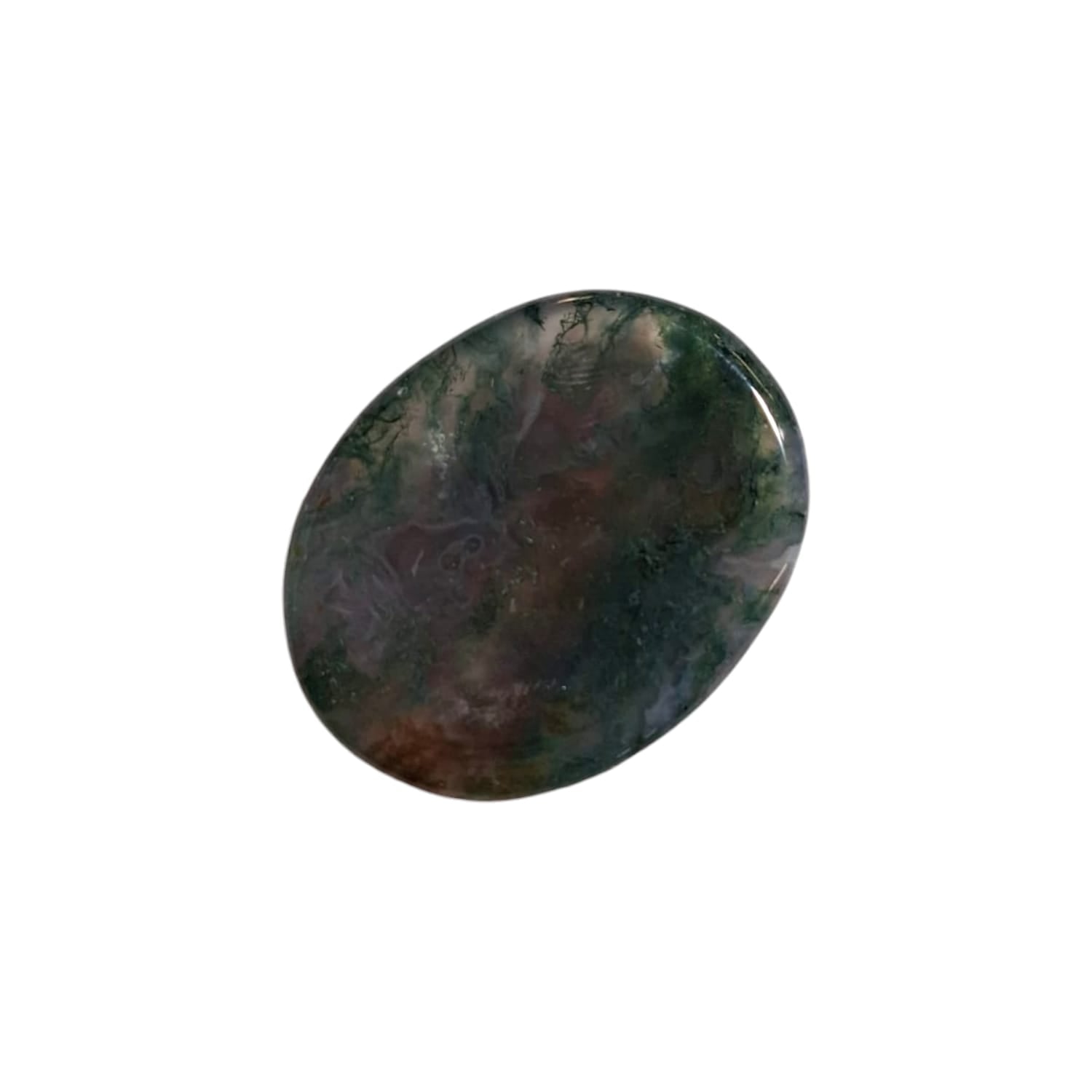 Green Moss Agate Worry Stone by GeoFossils – smooth, oval green stone with earthy inclusions, perfect for grounding, emotional balance, and connecting with the Heart Chakra, associated with the Earth element.