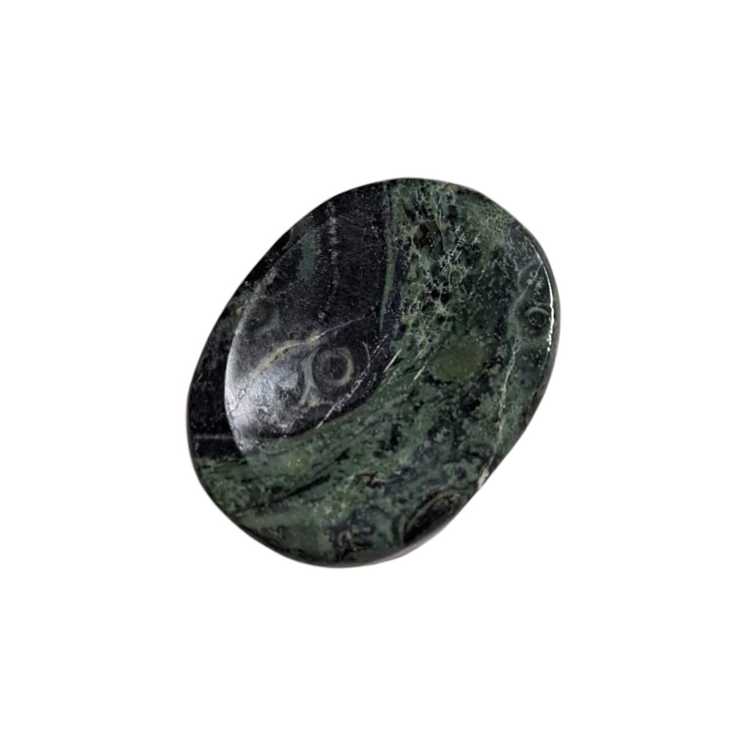 Kambaba Jasper Worry Stone by GeoFossils – smooth, oval stone with green and black swirling patterns, perfect for grounding, emotional healing, and connecting with the Root and Heart Chakras, associated with the Earth element.