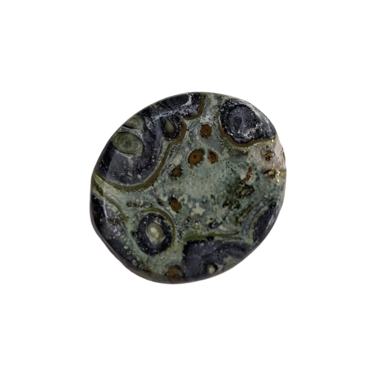 Kambaba Jasper Worry Stone by GeoFossils – smooth, oval stone with green and black swirling patterns, perfect for grounding, emotional healing, and connecting with the Root and Heart Chakras, associated with the Earth element.