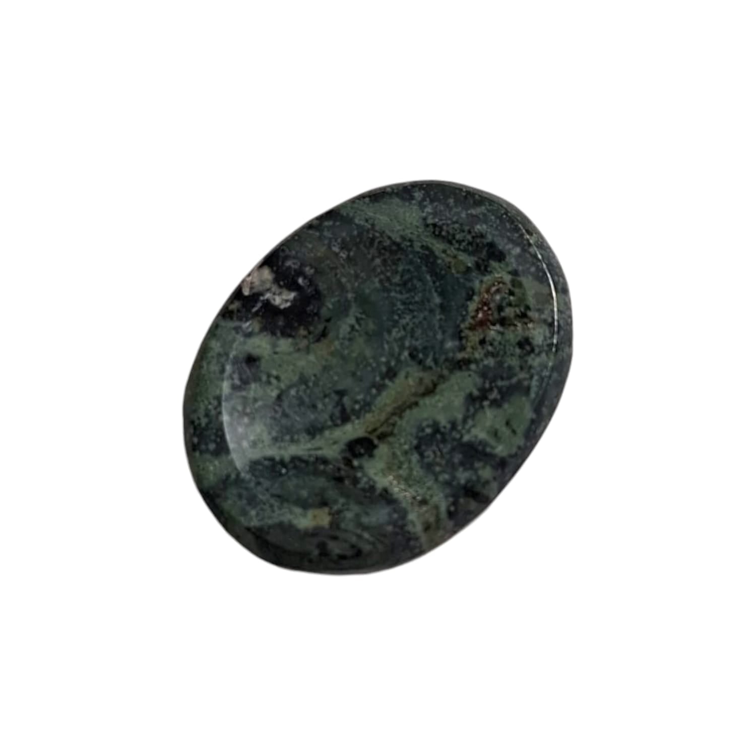 Kambaba Jasper Worry Stone by GeoFossils – smooth, oval stone with green and black swirling patterns, perfect for grounding, emotional healing, and connecting with the Root and Heart Chakras, associated with the Earth element.