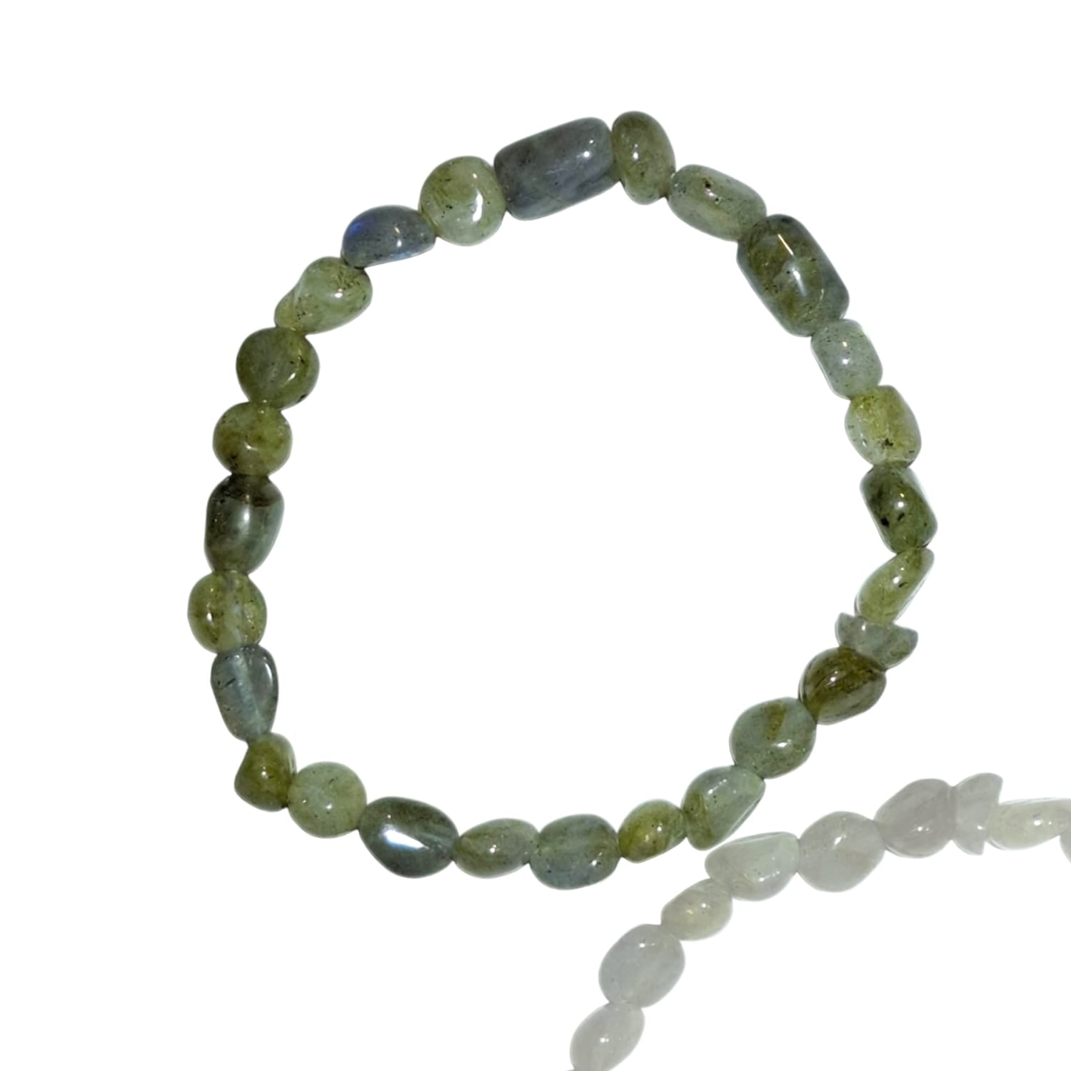 GeoFossils stretch nugget bracelet crafted from labradorite stones, displaying a mix of grey and dark hues with flashes of iridescent blue, green, and gold. The stones are irregularly shaped and polished, capturing the natural 'labradorescence' that reflects vibrant colors when the light hits them. The elastic band allows for a comfortable, adjustable fit, and the mysterious, shimmering tones of labradorite evoke a sense of magic and transformation.