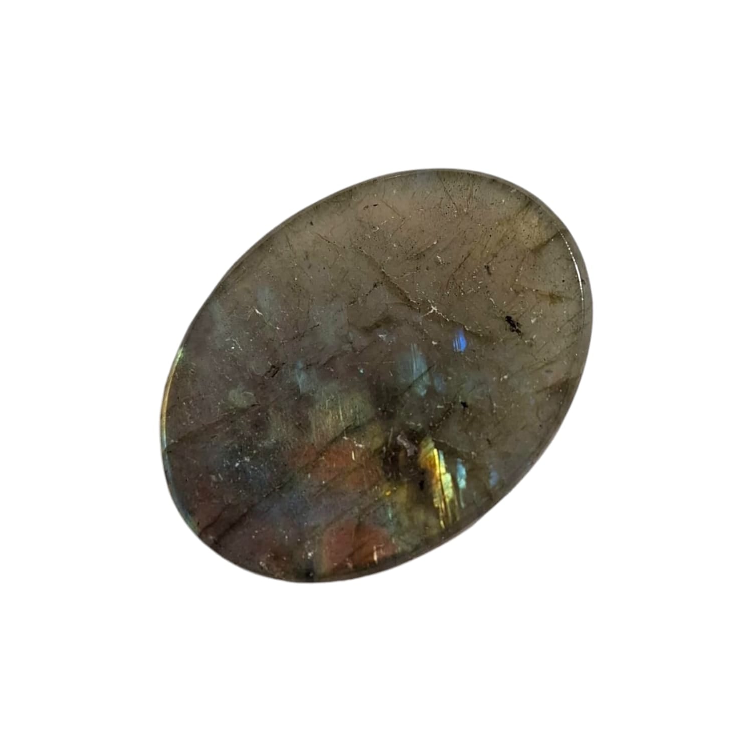 Labradorite Worry Stone by GeoFossils – smooth, oval stone with iridescent flashes of colour, perfect for enhancing intuition, protecting energy, and connecting with the Third Eye and Crown Chakras, associated with the Water element.