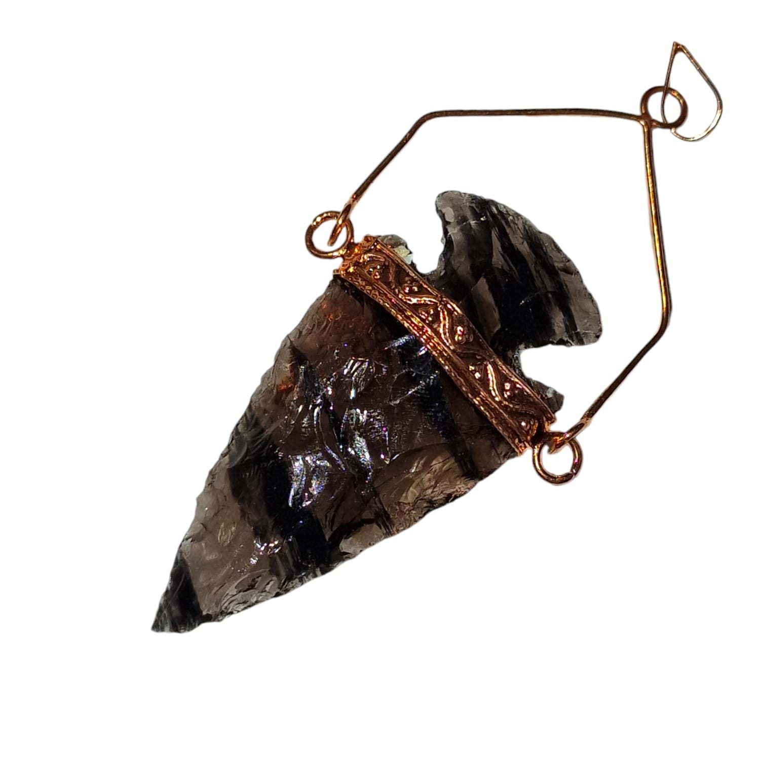 GeoFossils Midnight Lace Obsidian with Golden Healer Quartz Point in Copper