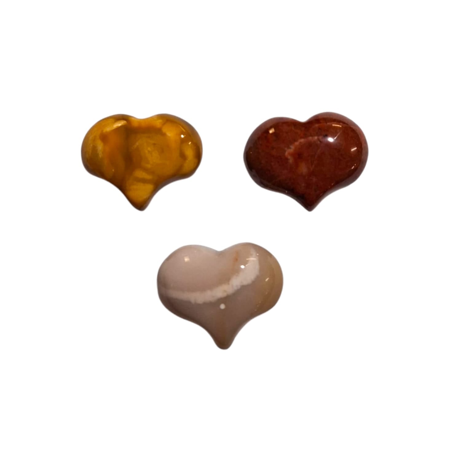 GeoFossils A small, polished puff heart made from mookaite jasper, featuring a mix of warm colors, including rich shades of mustard yellow, deep burgundy, creamy beige, and earthy brown. The heart has a smooth, rounded shape with a slight shine, highlighting its natural marbled patterns and vibrant tones. The playful, multi-coloured appearance of the mookaite puff heart evokes a sense of grounding and warmth.