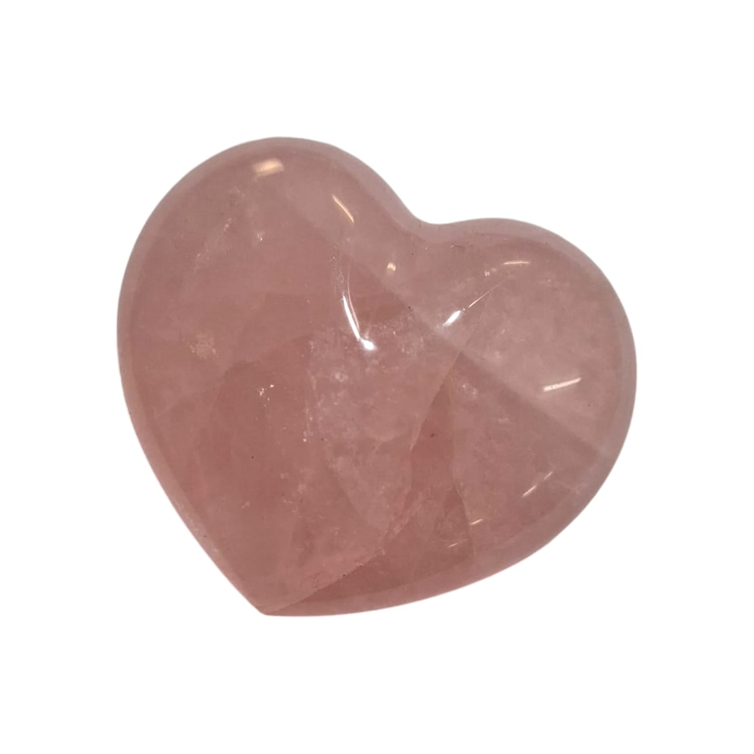 GeoFossils polished rose quartz heart stone with a soft pink hue, resting against a neutral background. The stone has a smooth, rounded shape with subtle natural variations in colour and a gentle, calming glow. The delicate pastel pink tones of the rose quartz heart evoke feelings of love, compassion, and tranquility.