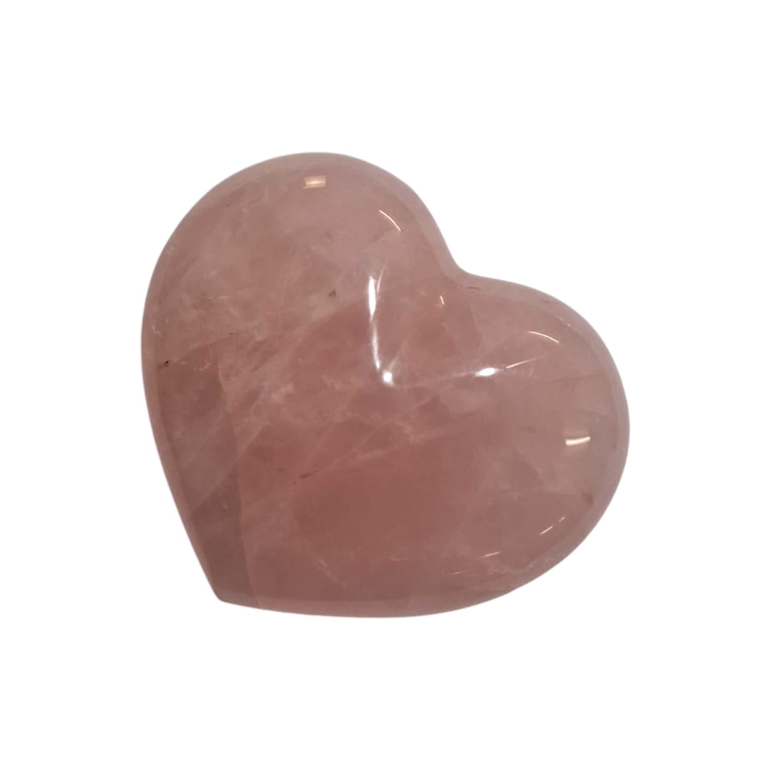 GeoFossils polished rose quartz heart stone with a soft pink hue, resting against a neutral background. The stone has a smooth, rounded shape with subtle natural variations in colour and a gentle, calming glow. The delicate pastel pink tones of the rose quartz heart evoke feelings of love, compassion, and tranquility.