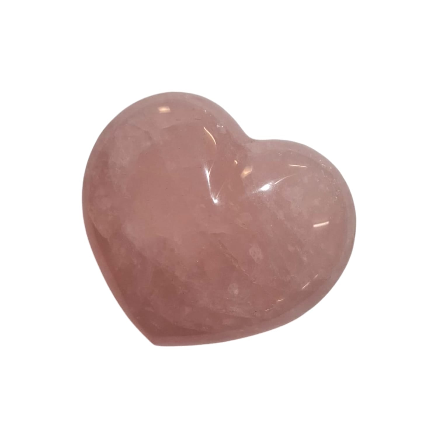 GeoFossils polished rose quartz heart stone with a soft pink hue, resting against a neutral background. The stone has a smooth, rounded shape with subtle natural variations in colour and a gentle, calming glow. The delicate pastel pink tones of the rose quartz heart evoke feelings of love, compassion, and tranquility.