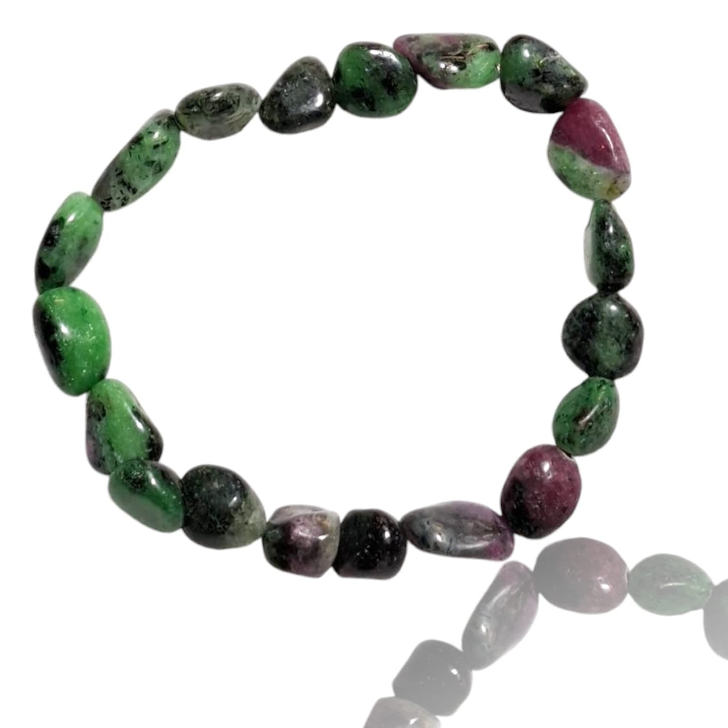 GeoFossils stretch nugget bracelet crafted from ruby in zoisite stones, featuring a mix of vibrant green zoisite with patches of deep red ruby and occasional black specks. The stones are irregularly shaped and polished, displaying a unique, natural blend of colors and textures. The elastic band ensures a comfortable, adjustable fit, and the combination of green and red tones in the ruby in zoisite stones creates a striking, earthy aesthetic with an energizing and rejuvenating feel.