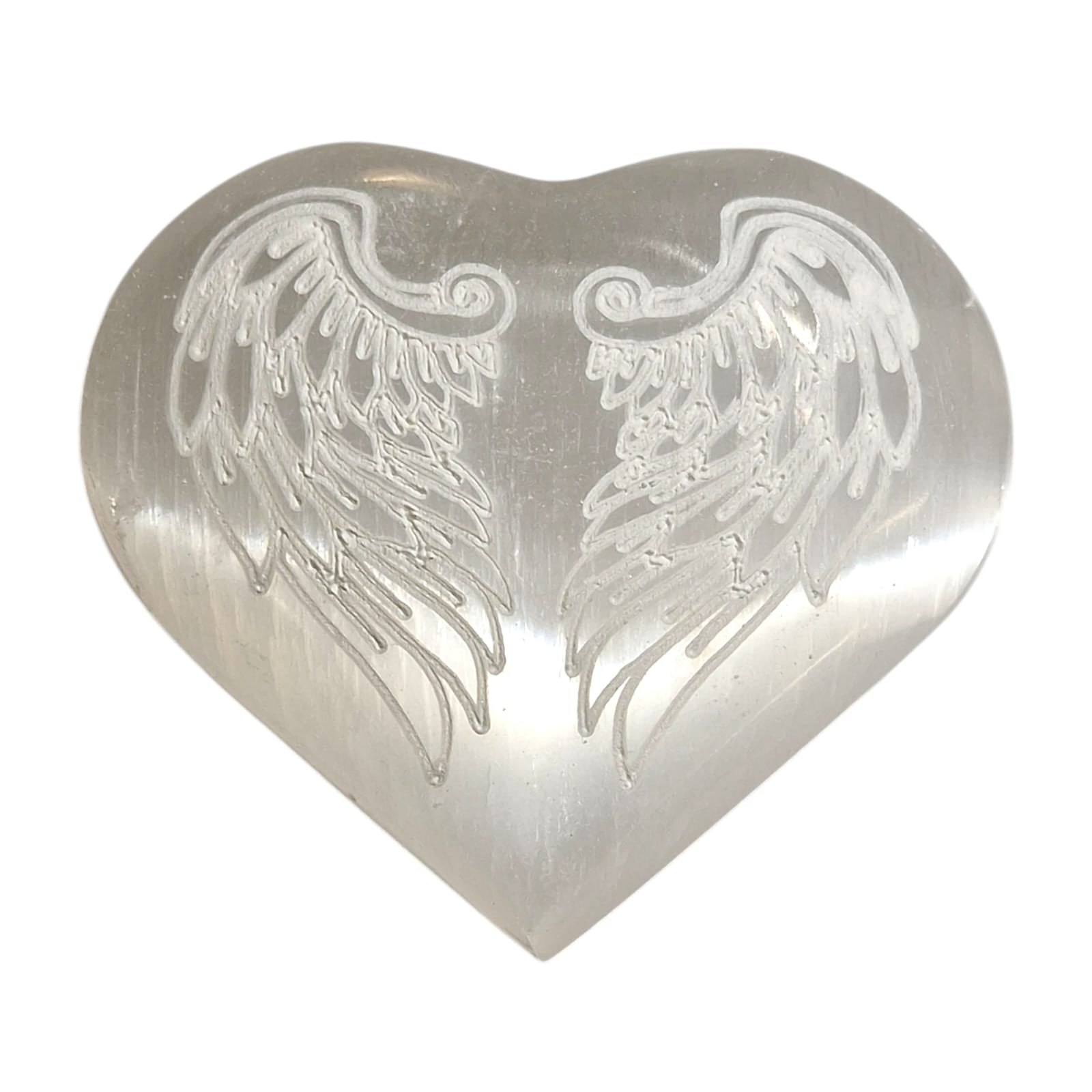 Selenite Angel Wings Engraved Heart by GeoFossils – smooth, white selenite heart with engraved angel wings, perfect for protection, spiritual clarity, and connecting with the Crown Chakra.