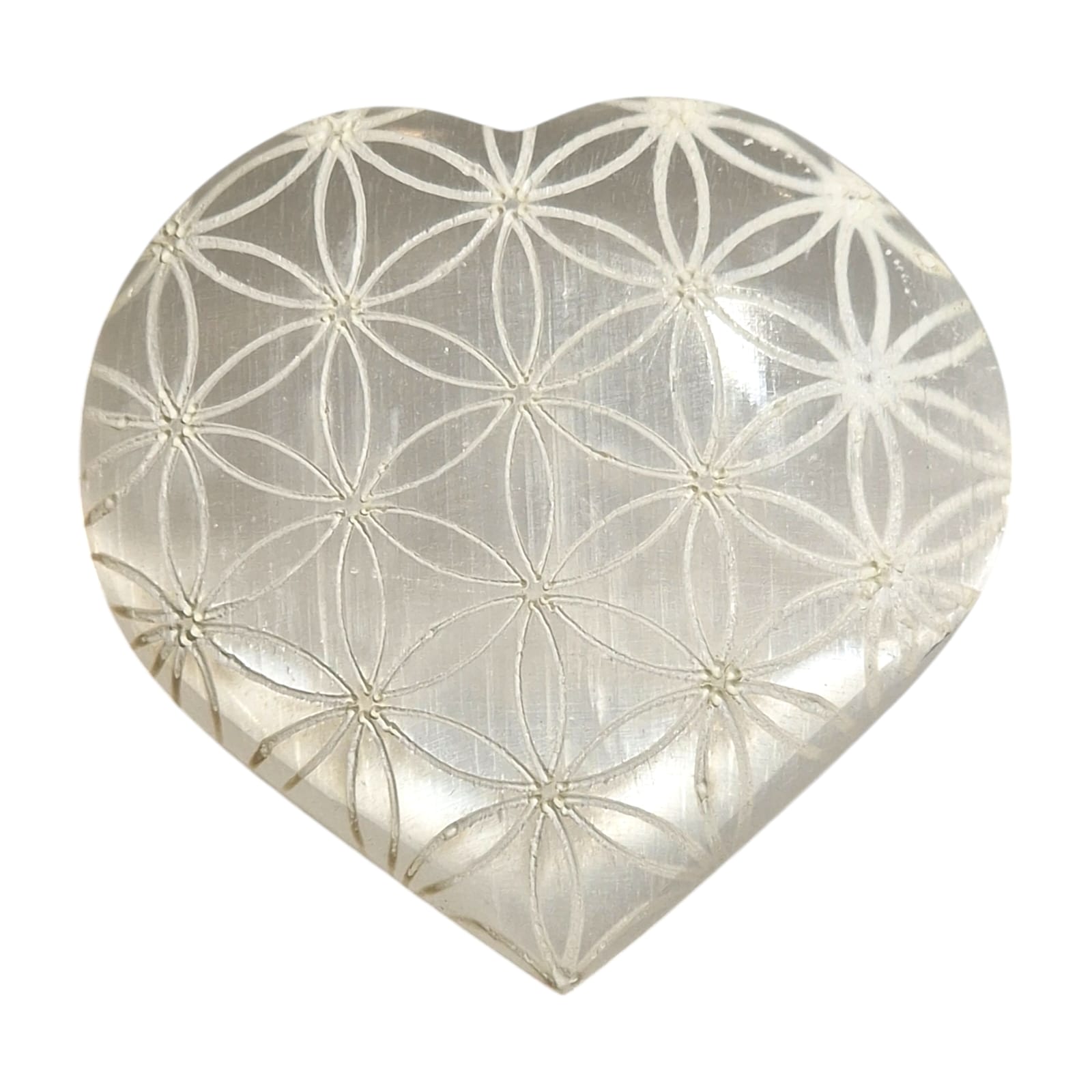 Selenite Flower of Life Engraved Heart by GeoFossils – smooth, white selenite heart with engraved Flower of Life symbol, perfect for spiritual cleansing, harmony, and connecting with the Crown Chakra.