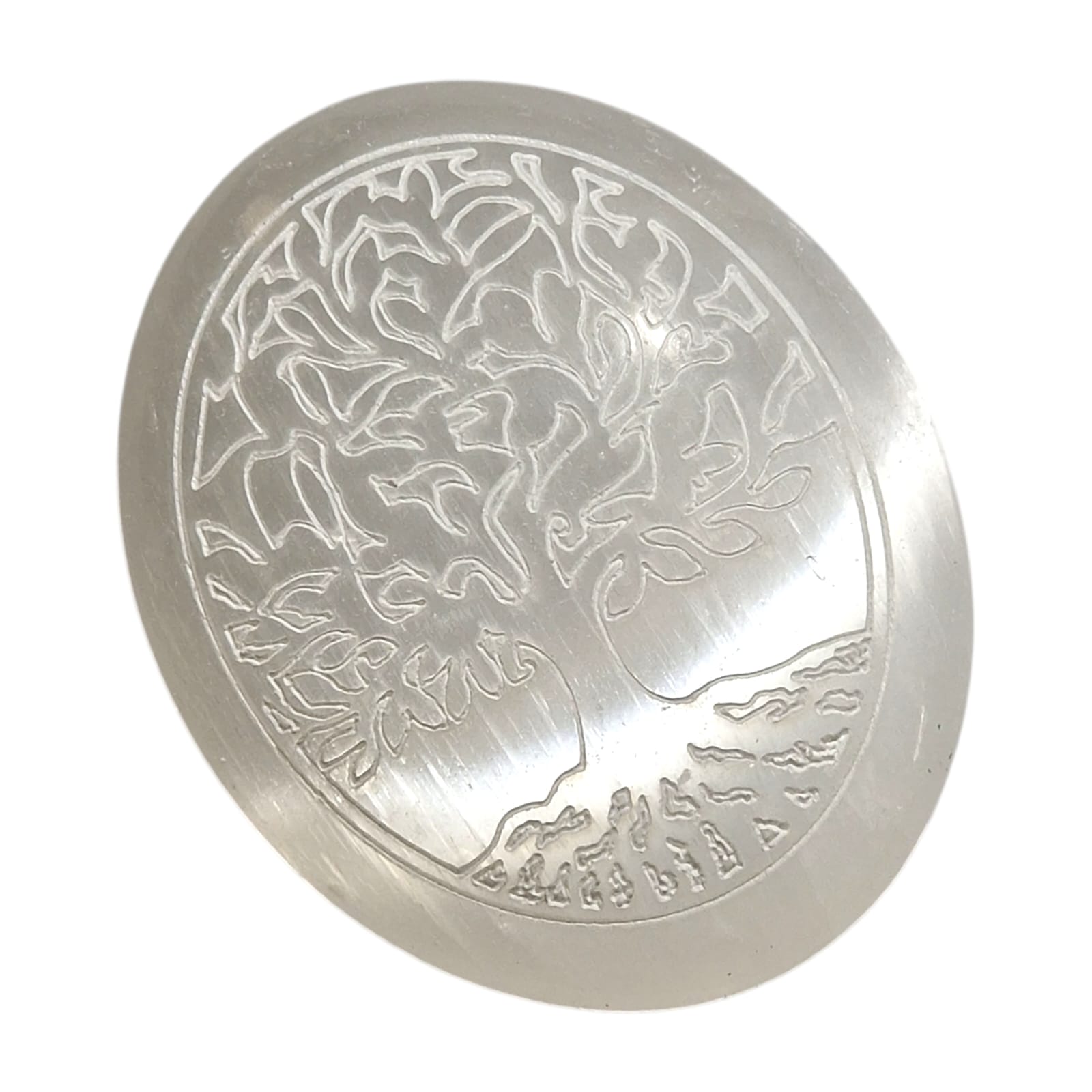 Selenite Tree of Life Oval Palm Stone by GeoFossils – smooth, oval selenite stone with Tree of Life engraving, perfect for cleansing, protection, and connecting with the Crown Chakra.