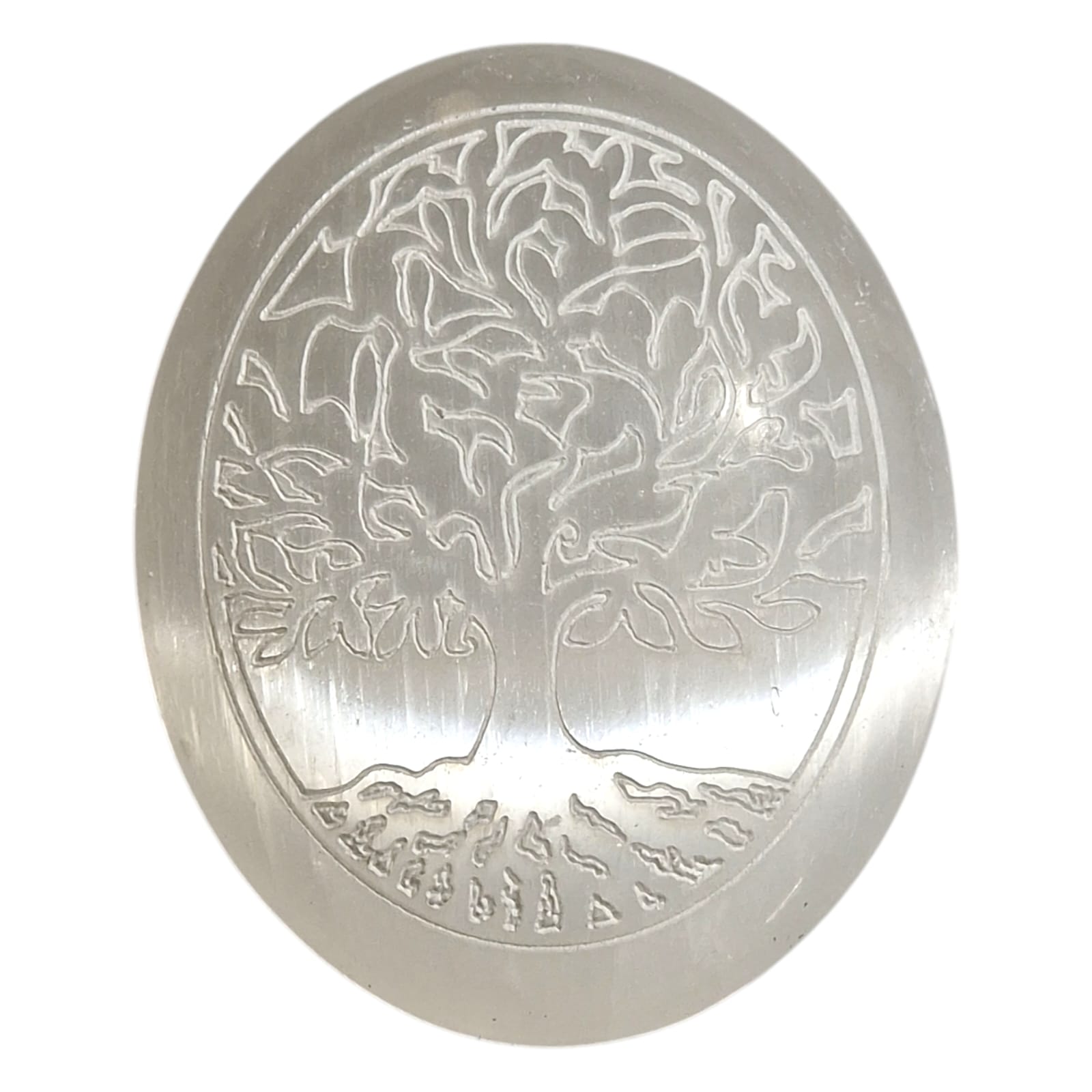 Selenite Tree of Life Oval Palm Stone by GeoFossils – smooth, oval selenite stone with Tree of Life engraving, perfect for cleansing, protection, and connecting with the Crown Chakra.