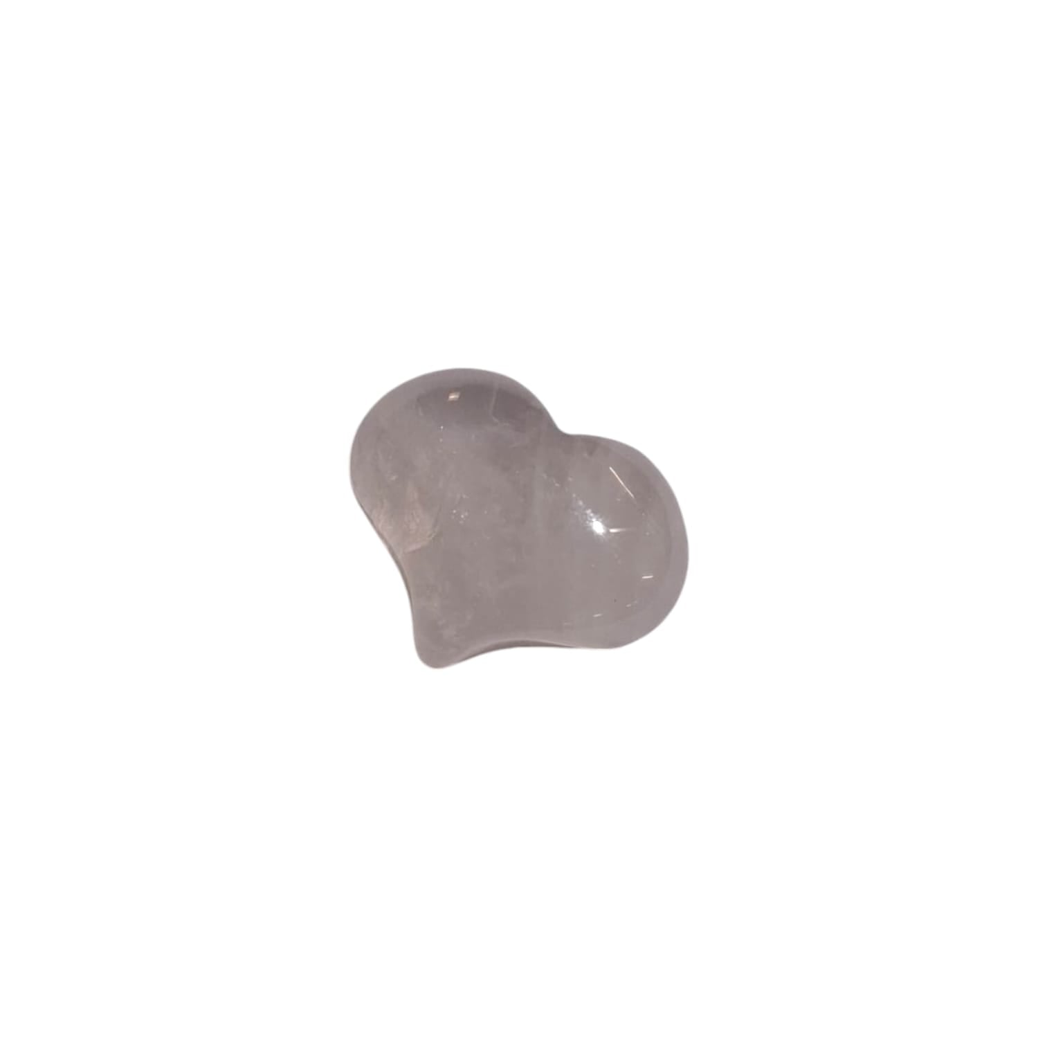 A small, polished puff heart crafted by GeoFossils from clear crystal quartz, showcasing a transparent and glassy finish. The heart has a smooth, rounded shape, with natural inclusions and subtle variations that catch the light, adding a hint of sparkle. The simplicity and clarity of the crystal quartz evoke a sense of purity, balance, and light