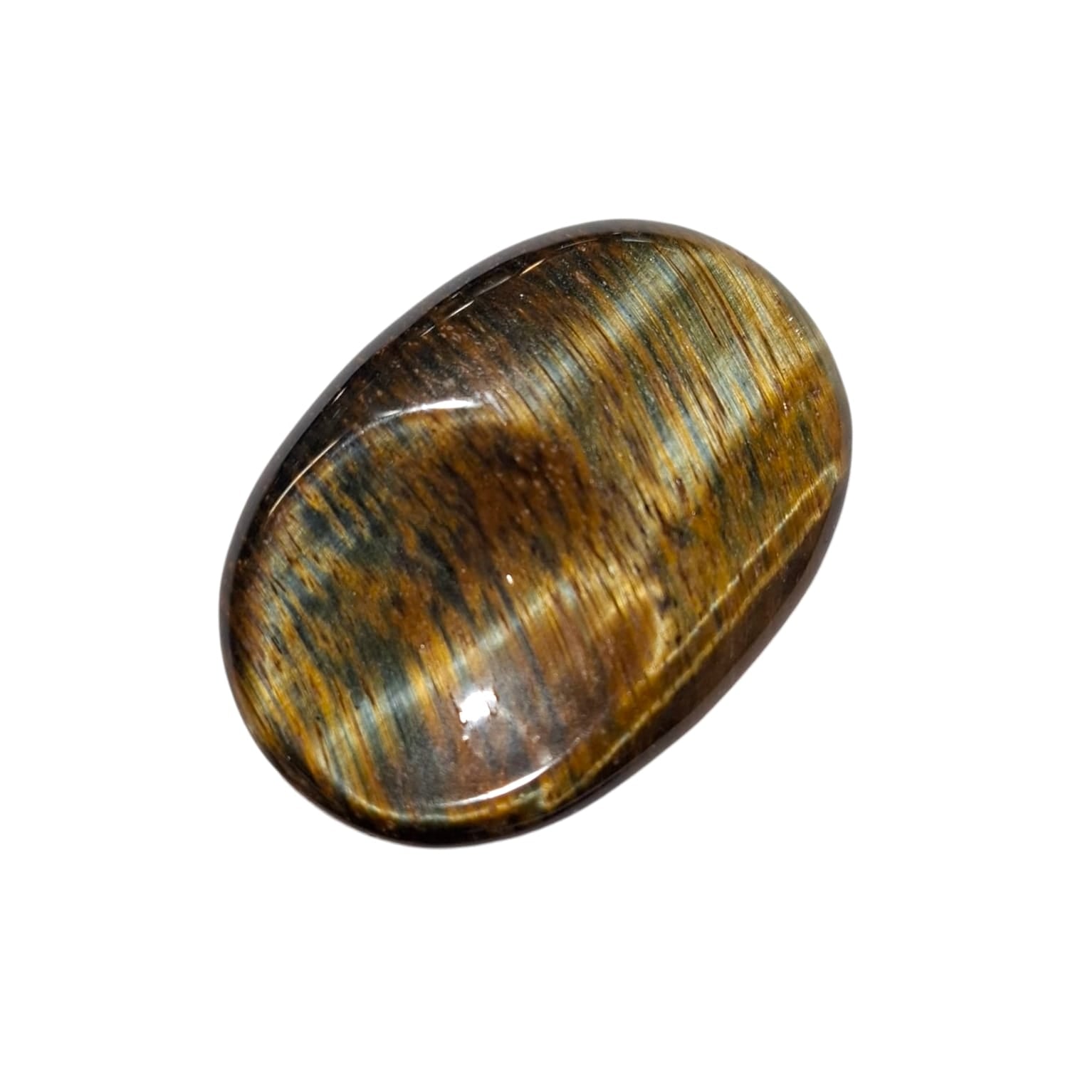 Gold Tiger’s Eye Thumb Stone by GeoFossils – smooth, golden-brown oval stone with a lustrous sheen, perfect for grounding, boosting confidence, and connecting with the Solar Plexus and Root Chakras, associated with the Earth and Fire elements.