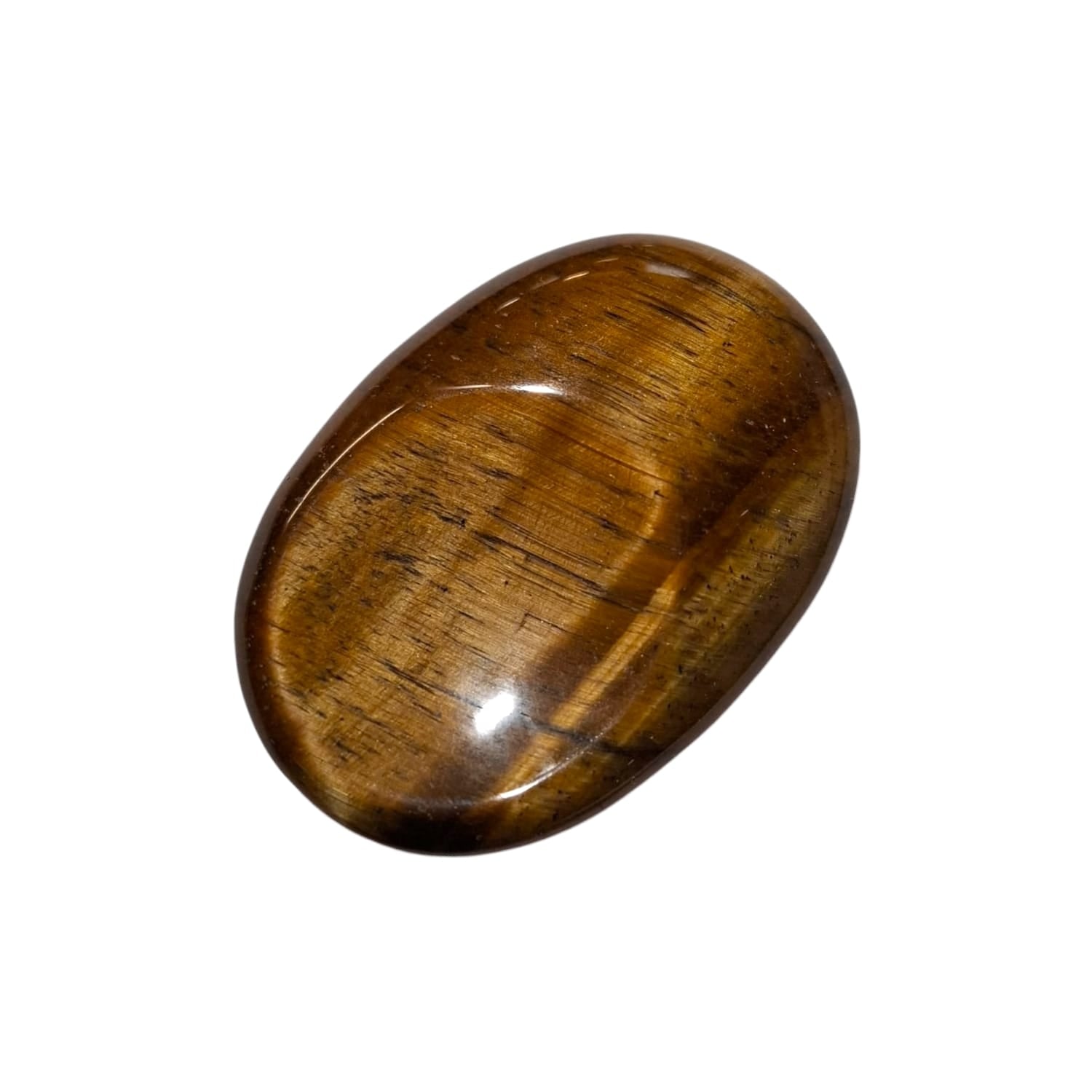 Gold Tiger’s Eye Thumb Stone by GeoFossils – smooth, golden-brown oval stone with a lustrous sheen, perfect for grounding, boosting confidence, and connecting with the Solar Plexus and Root Chakras, associated with the Earth and Fire elements.