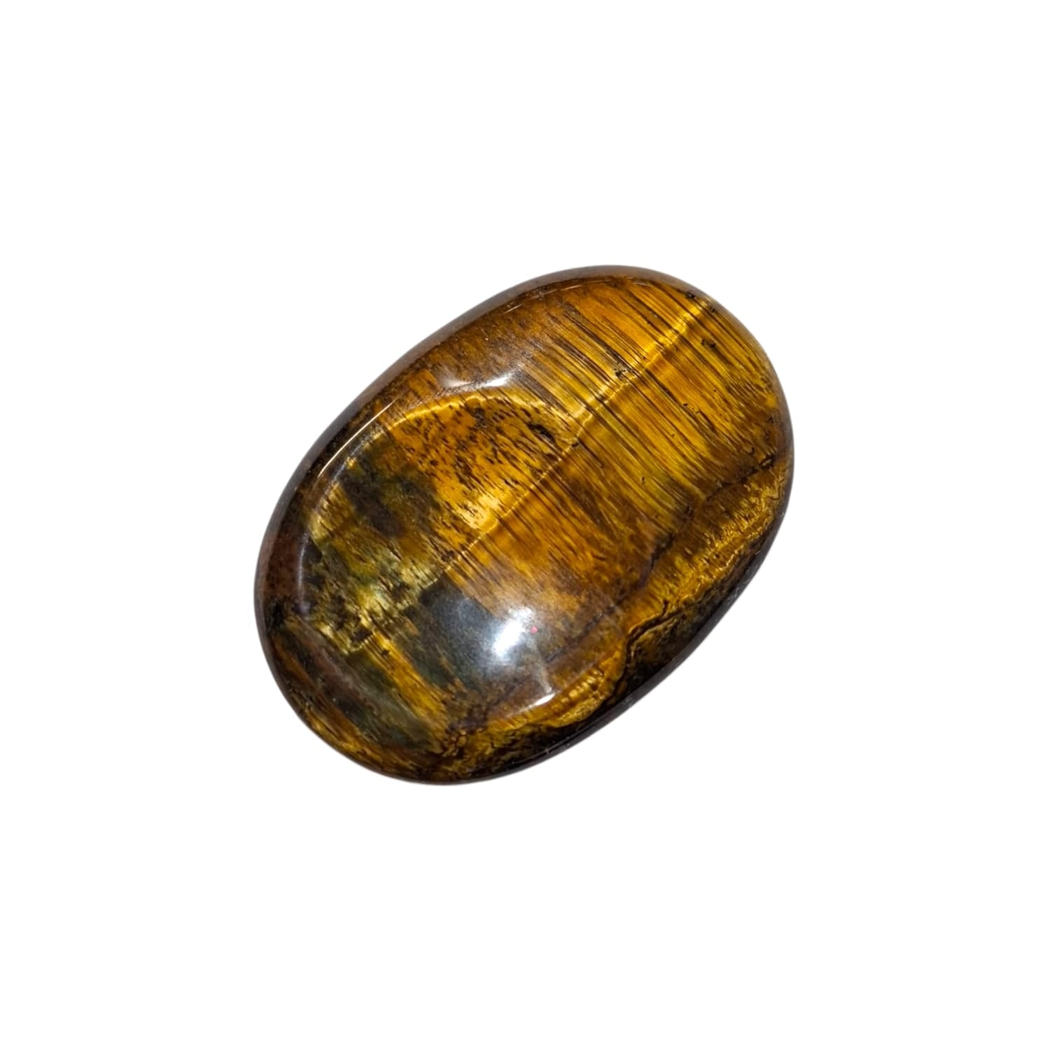 Gold Tiger’s Eye Thumb Stone by GeoFossils – smooth, golden-brown oval stone with a lustrous sheen, perfect for grounding, boosting confidence, and connecting with the Solar Plexus and Root Chakras, associated with the Earth and Fire elements.