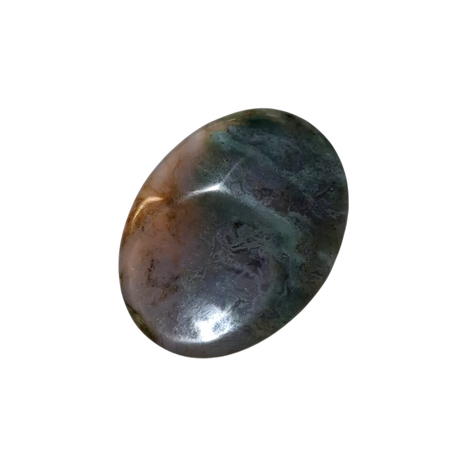 Green Moss Agate Thumb Stone by GeoFossils – smooth, oval green stone with natural moss-like patterns, perfect for grounding, emotional balance, and connecting with the Heart Chakra, associated with the Earth element.