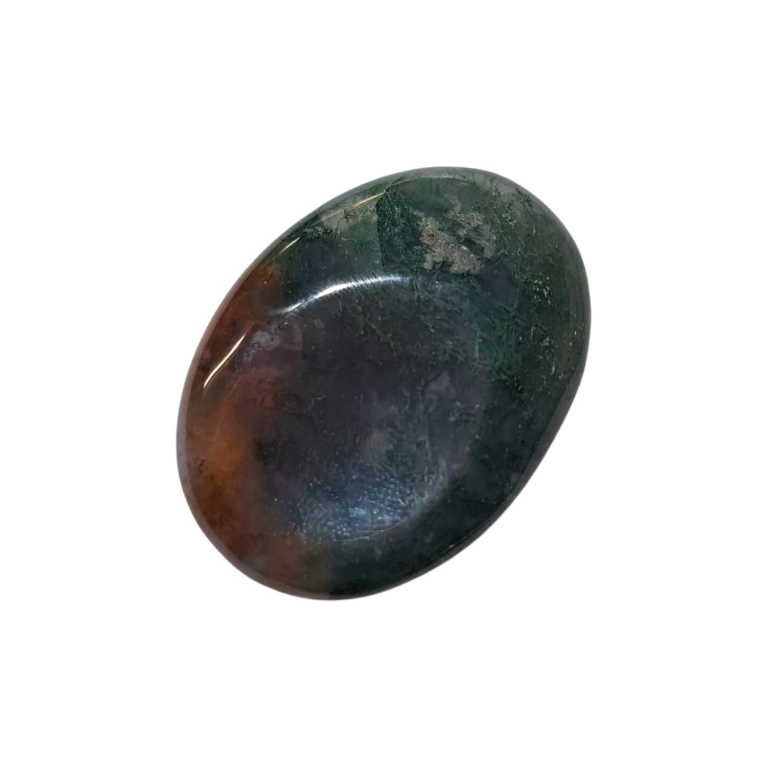 Green Moss Agate Thumb Stone by GeoFossils – smooth, oval green stone with natural moss-like patterns, perfect for grounding, emotional balance, and connecting with the Heart Chakra, associated with the Earth element.