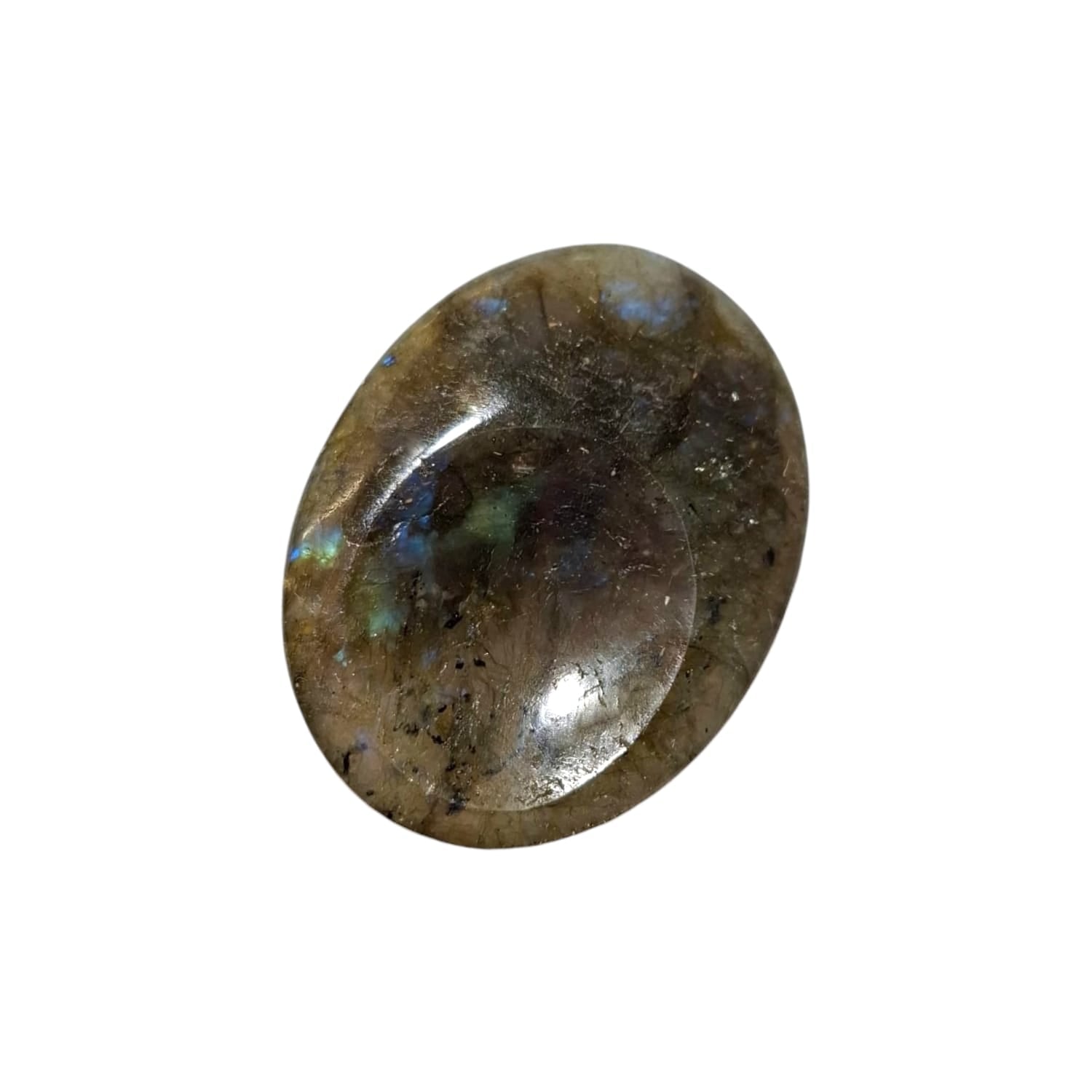 Labradorite Thumb Stone by GeoFossils – smooth, oval stone with iridescent flashes of blue and green, perfect for protection, intuition, and connecting with the Third Eye and Crown Chakras, associated with the Water element.