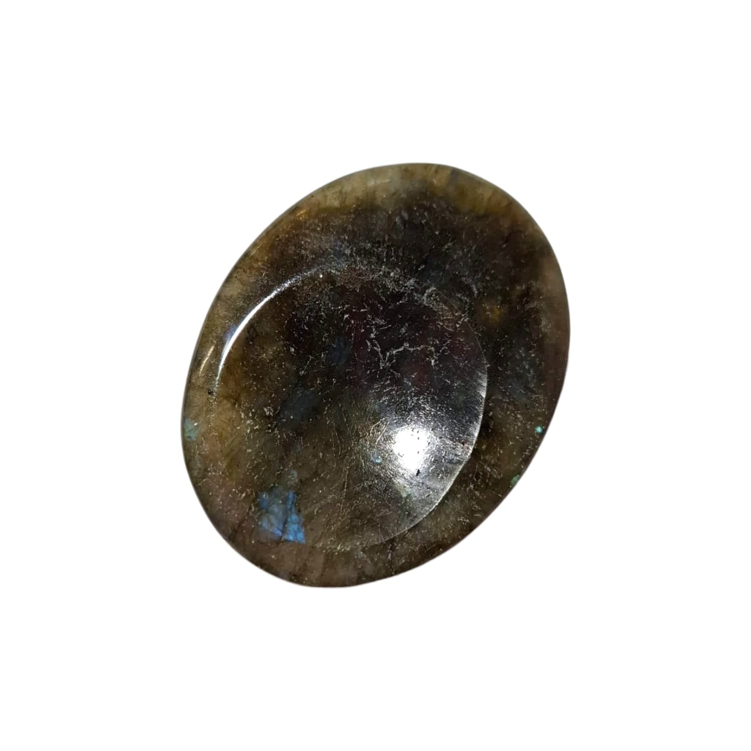 Labradorite Thumb Stone by GeoFossils – smooth, oval stone with iridescent flashes of blue and green, perfect for protection, intuition, and connecting with the Third Eye and Crown Chakras, associated with the Water element.