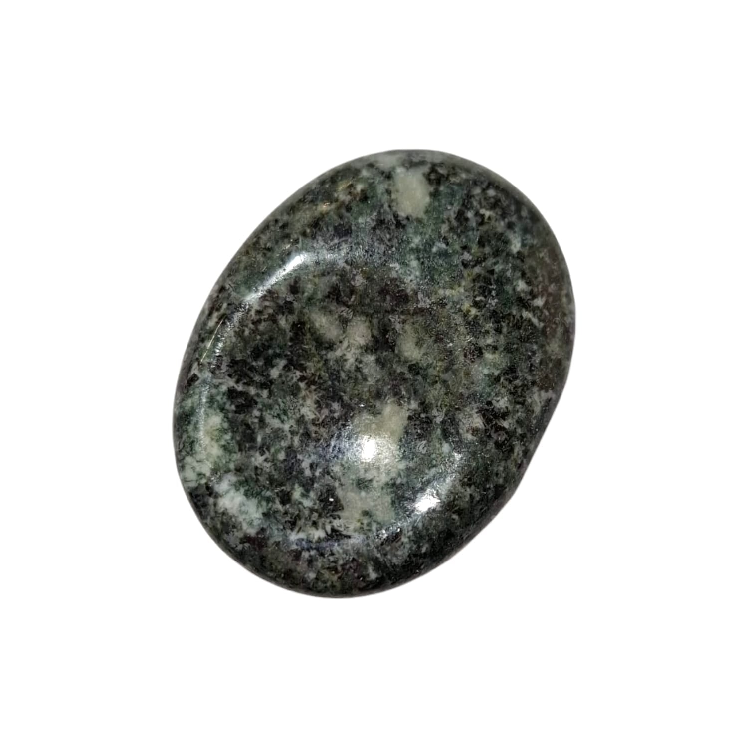 Preseli Bluestone Thumb Stone by GeoFossils – smooth, dark oval stone with subtle speckles, perfect for grounding, spiritual connection, and enhancing the Third Eye and Root Chakras, associated with the Earth element.