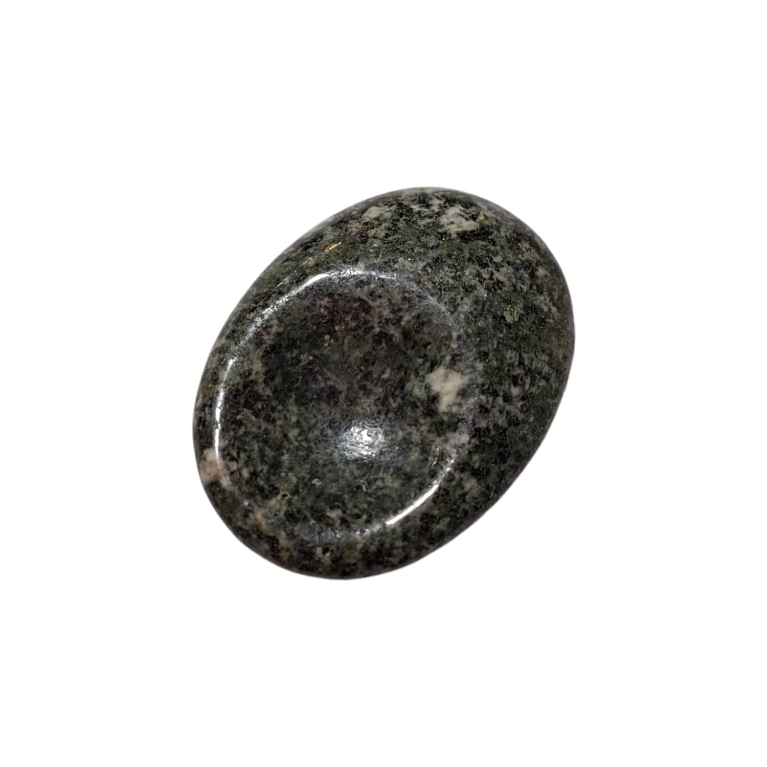 Preseli Bluestone Thumb Stone by GeoFossils – smooth, dark oval stone with subtle speckles, perfect for grounding, spiritual connection, and enhancing the Third Eye and Root Chakras, associated with the Earth element.