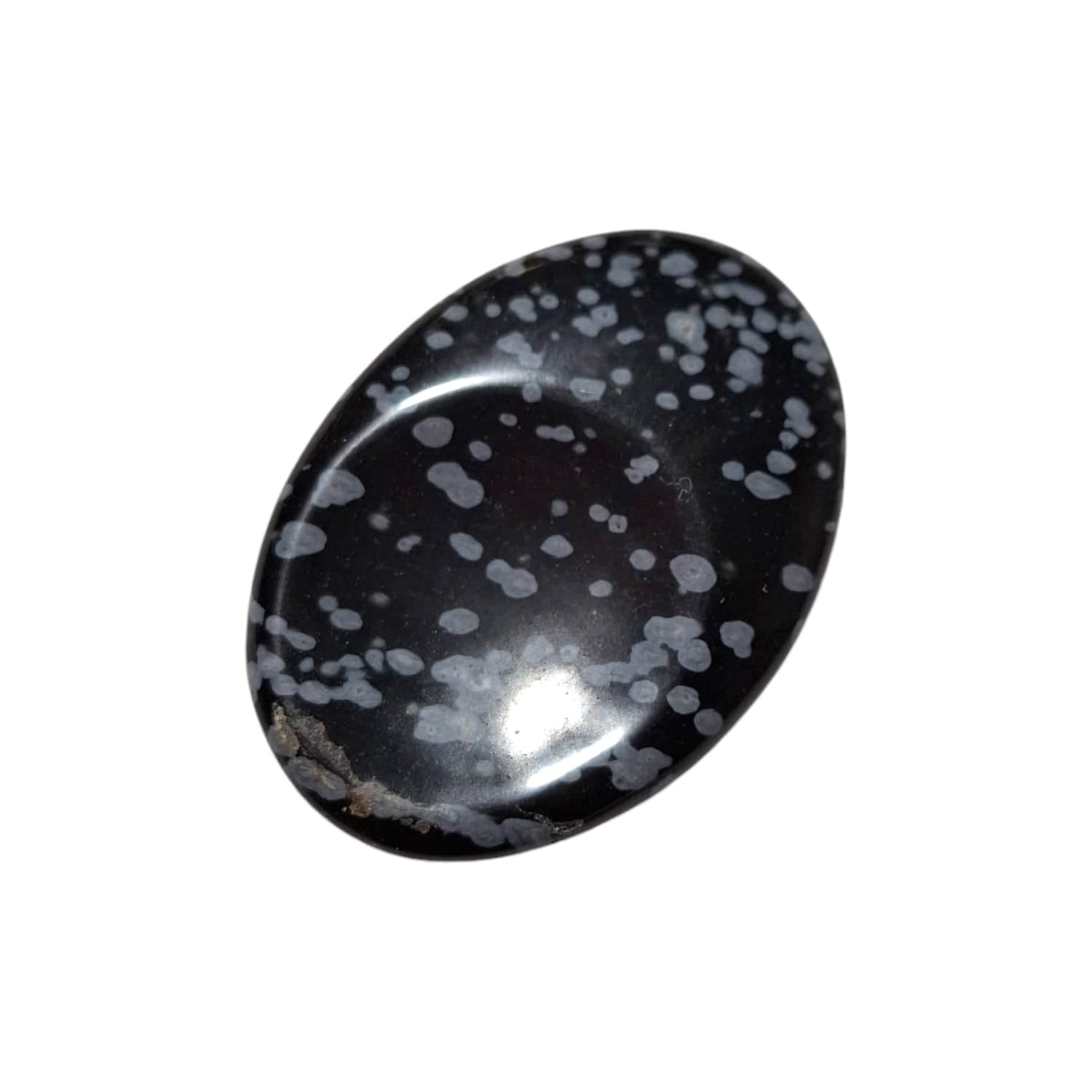 Snowflake Obsidian Thumb Stone by GeoFossils – smooth, black oval stone with natural white snowflake-like patterns, perfect for grounding, emotional balance, and connecting with the Root Chakra, associated with the Earth element.