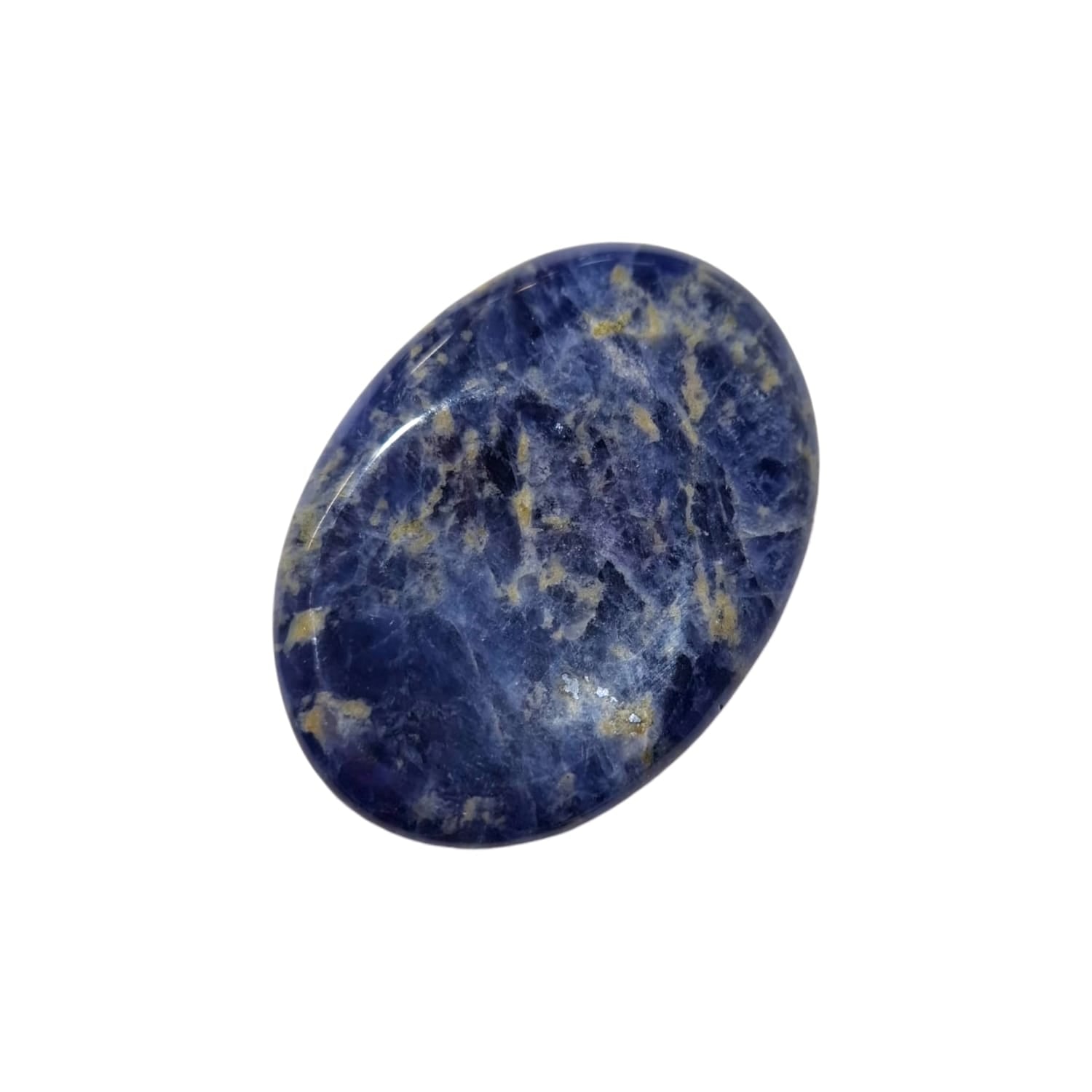 Sodalite Thumb Stone by GeoFossils – smooth, oval blue stone with white veins, perfect for calming energy, intuition, and connecting with the Throat and Third Eye Chakras, associated with the Air element.