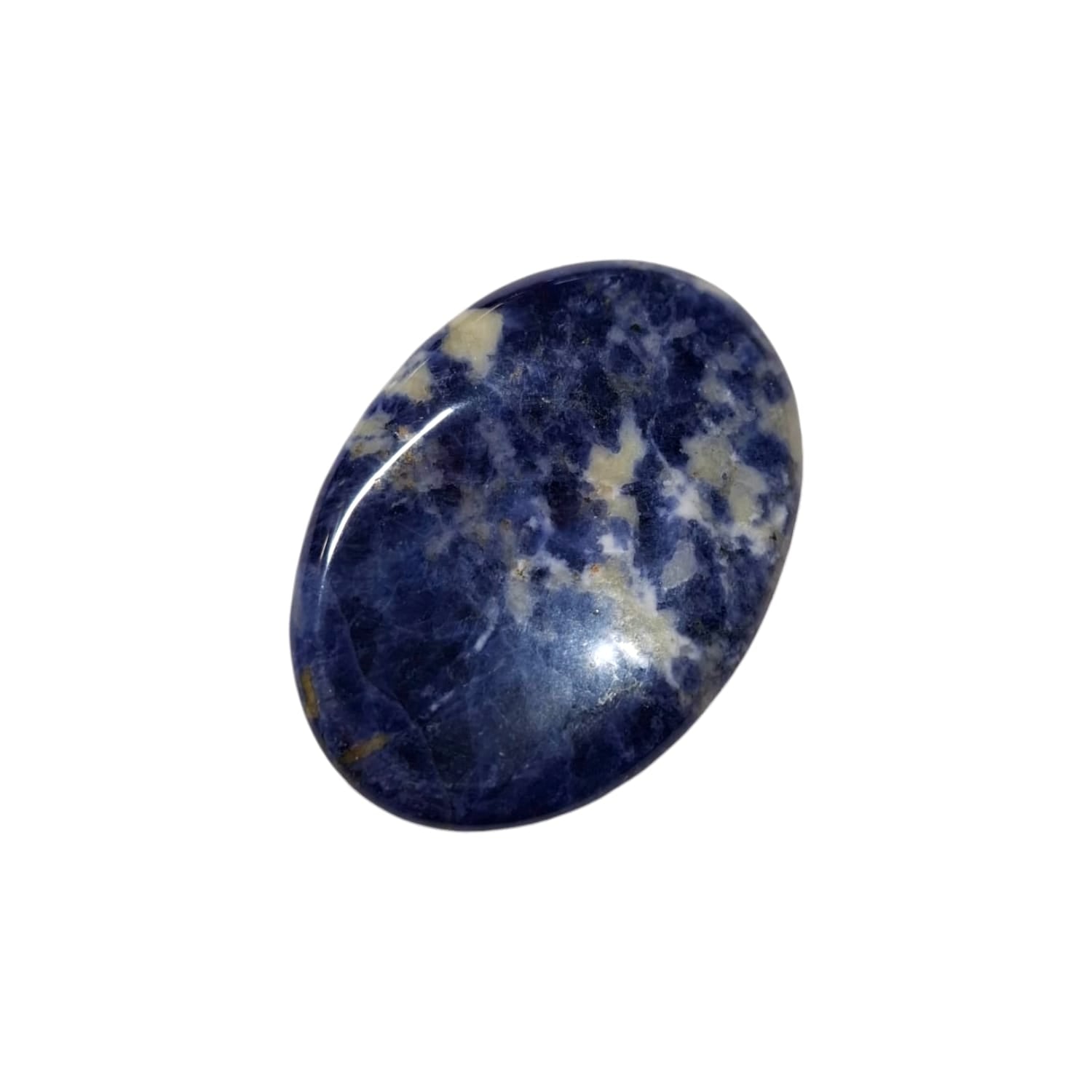 Sodalite Thumb Stone by GeoFossils – smooth, oval blue stone with white veins, perfect for calming energy, intuition, and connecting with the Throat and Third Eye Chakras, associated with the Air element.