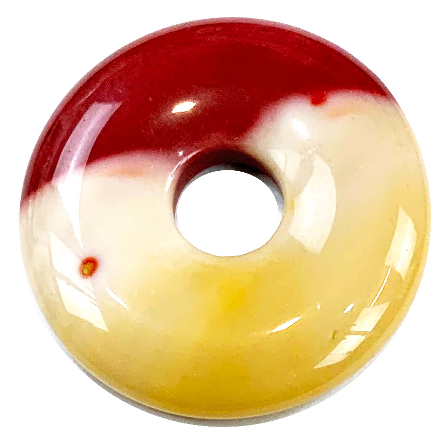 Mookaite Munay Ki Pi Donut by GeoFossils – smooth, multi-coloured circular stone with shades of red, yellow, and cream, perfect for grounding, adaptability, and connecting with the Root, Solar Plexus, and Sacral Chakras in Andean spiritual practices.