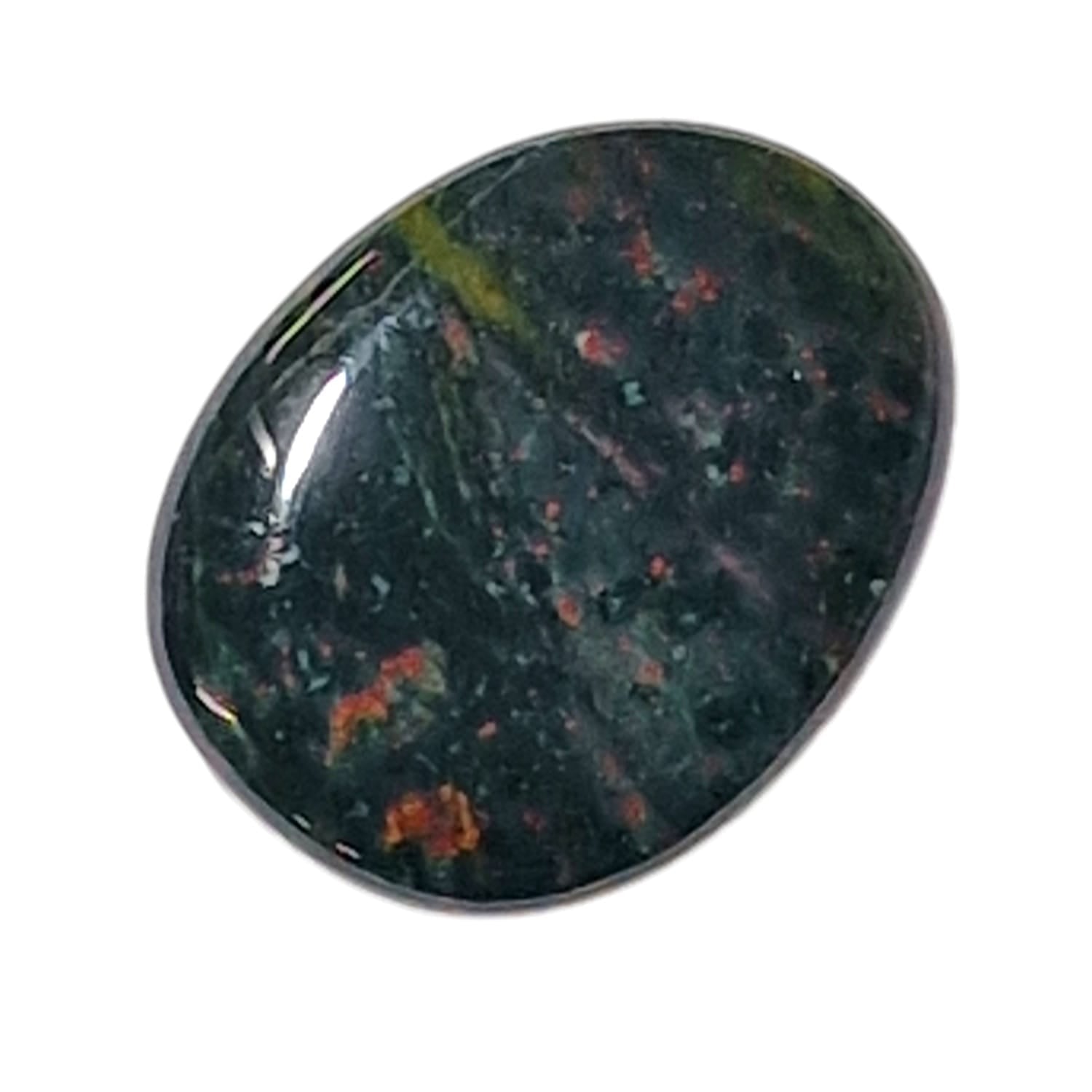 Bloodstone Medium Oval – a deep green crystal with red flecks, known for boosting strength, courage, grounding, and protection, ideal for overcoming challenges and staying resilient.