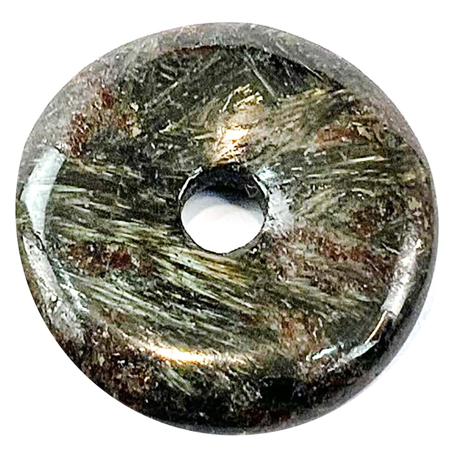 Astrophyllite Munay Ki Pi Donut by GeoFossils – smooth, circular stone with metallic flashes, perfect for transformation, grounding, and connecting with the Root and Crown Chakras in Andean spiritual practices.